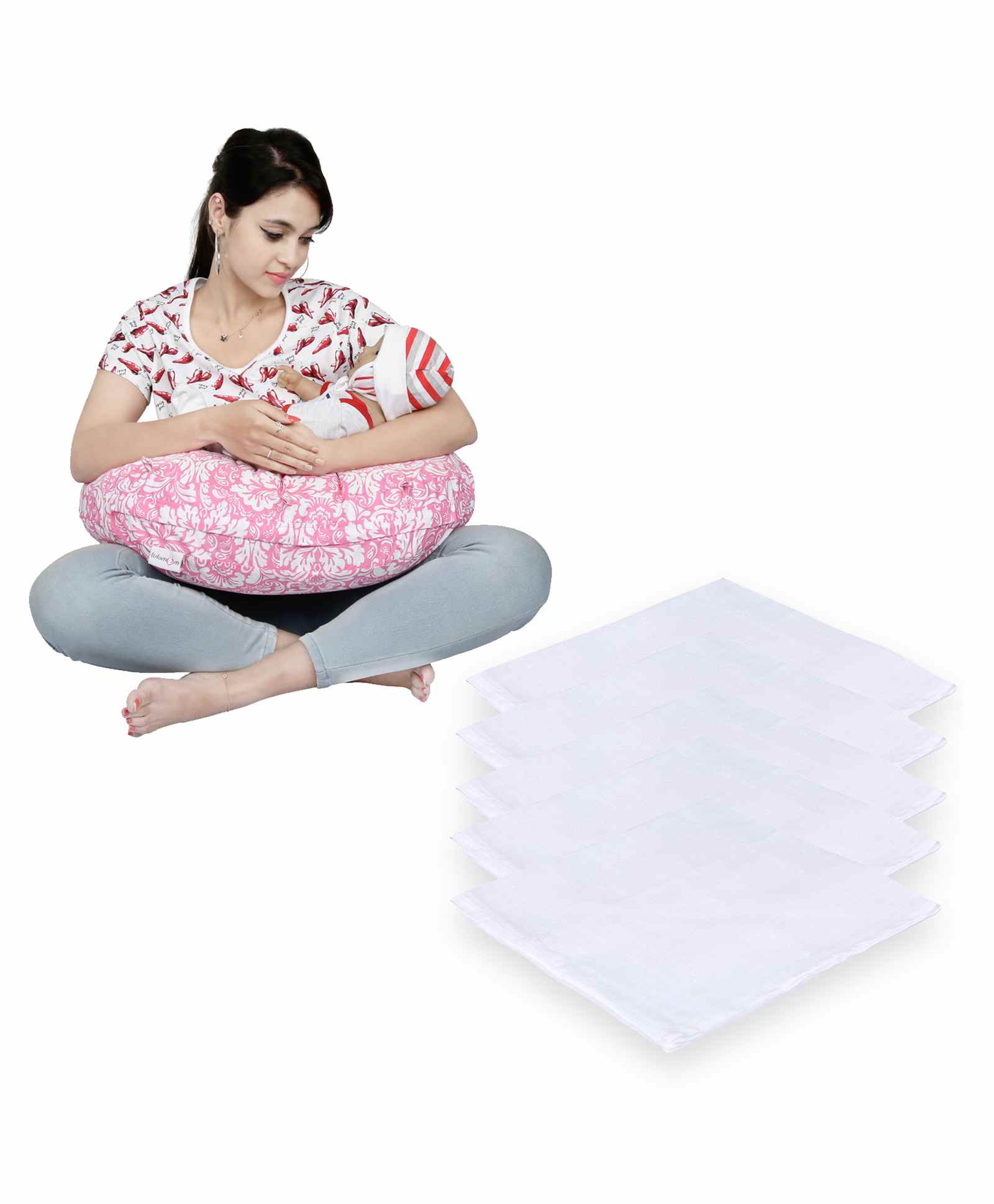 Lulamom Nursing Pillow with Cover Floral Print & Muslin Napkin - Pink White-picture-30