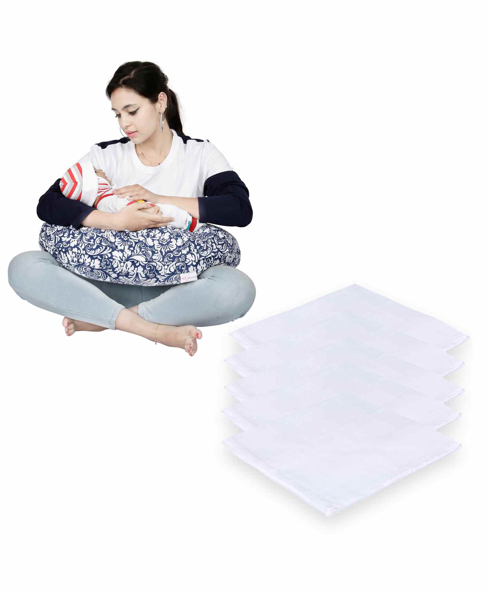 Lulamom Nursing Pillow with Cover Floral Print & Muslin Napkin - Blue White-picture-24