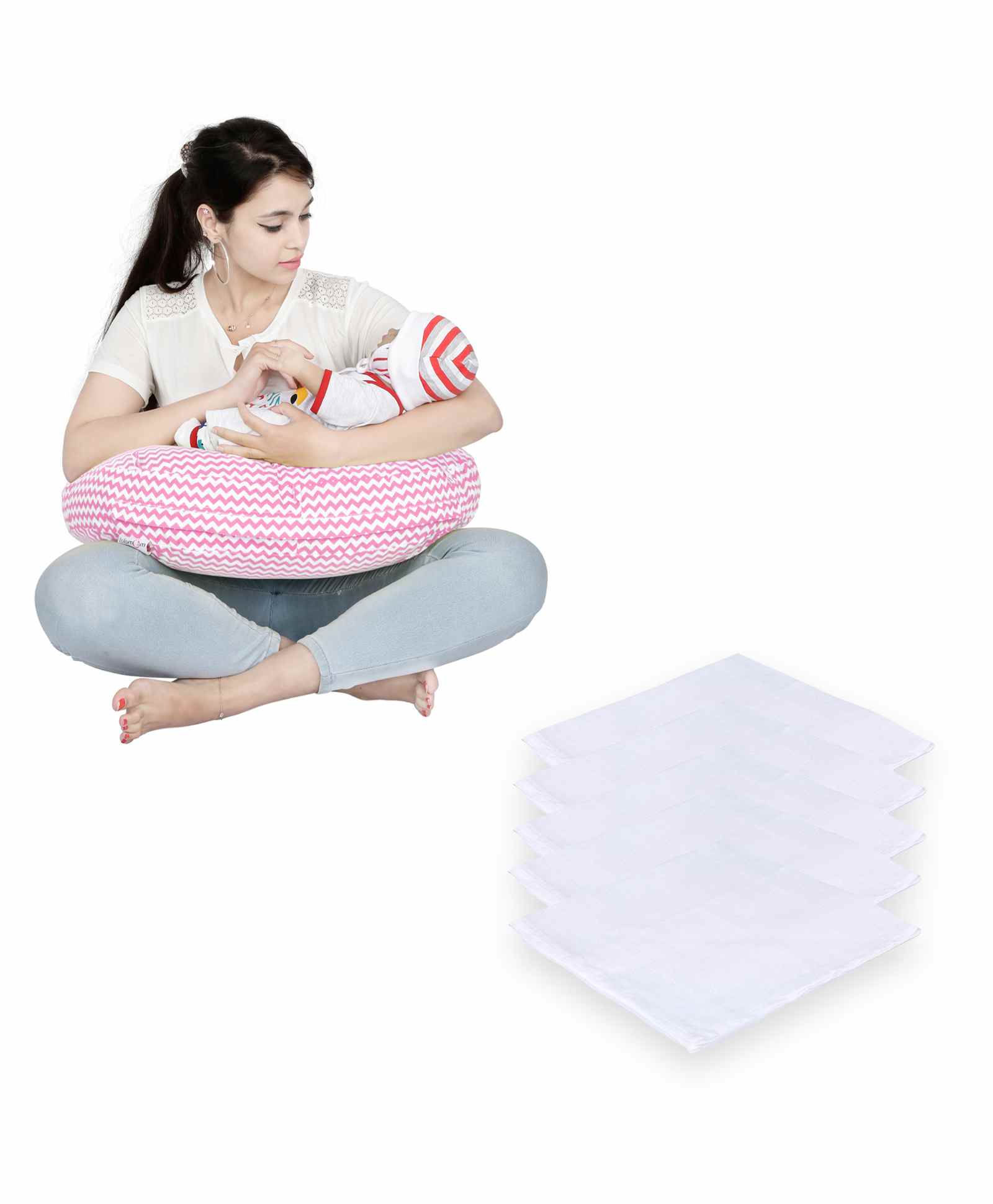 Lulamom Nursing Pillow with Cover Zig-Zag Print & Muslin Napkin - Pink White-picture-20
