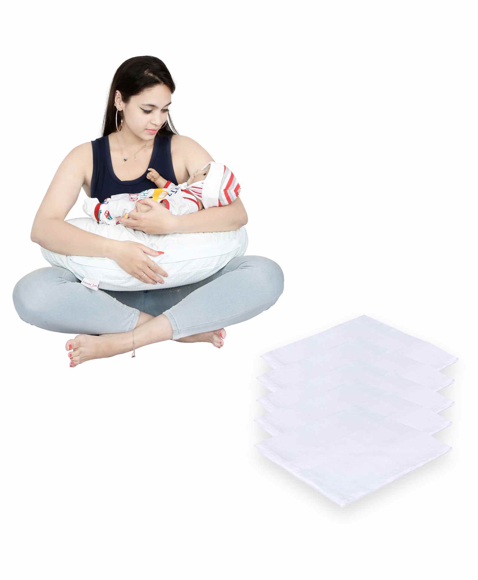Lulamom Nursing Pillow with Cover Swish Print & Muslin Napkin - Green White-picture-23