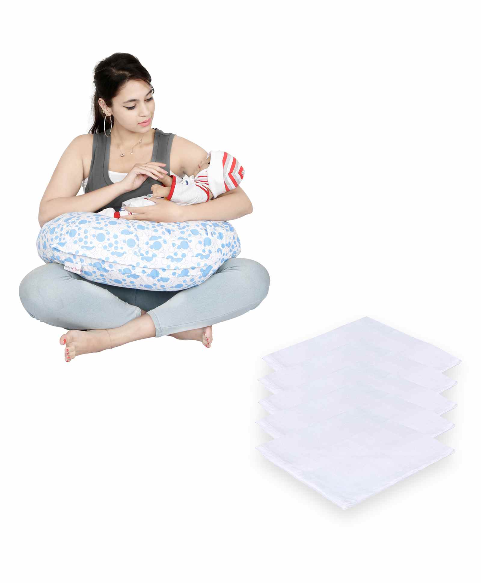 Lulamom Nursing Pillow with Cover Bubbles Print & Muslin Napkin - Blue White-picture-26