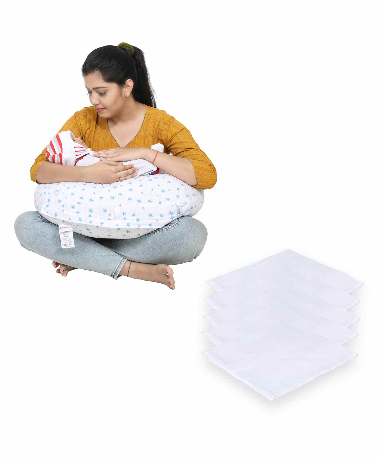 Lulamom Nursing Pillow with Cover Star Print & Muslin Napkin - Blue White-image-37