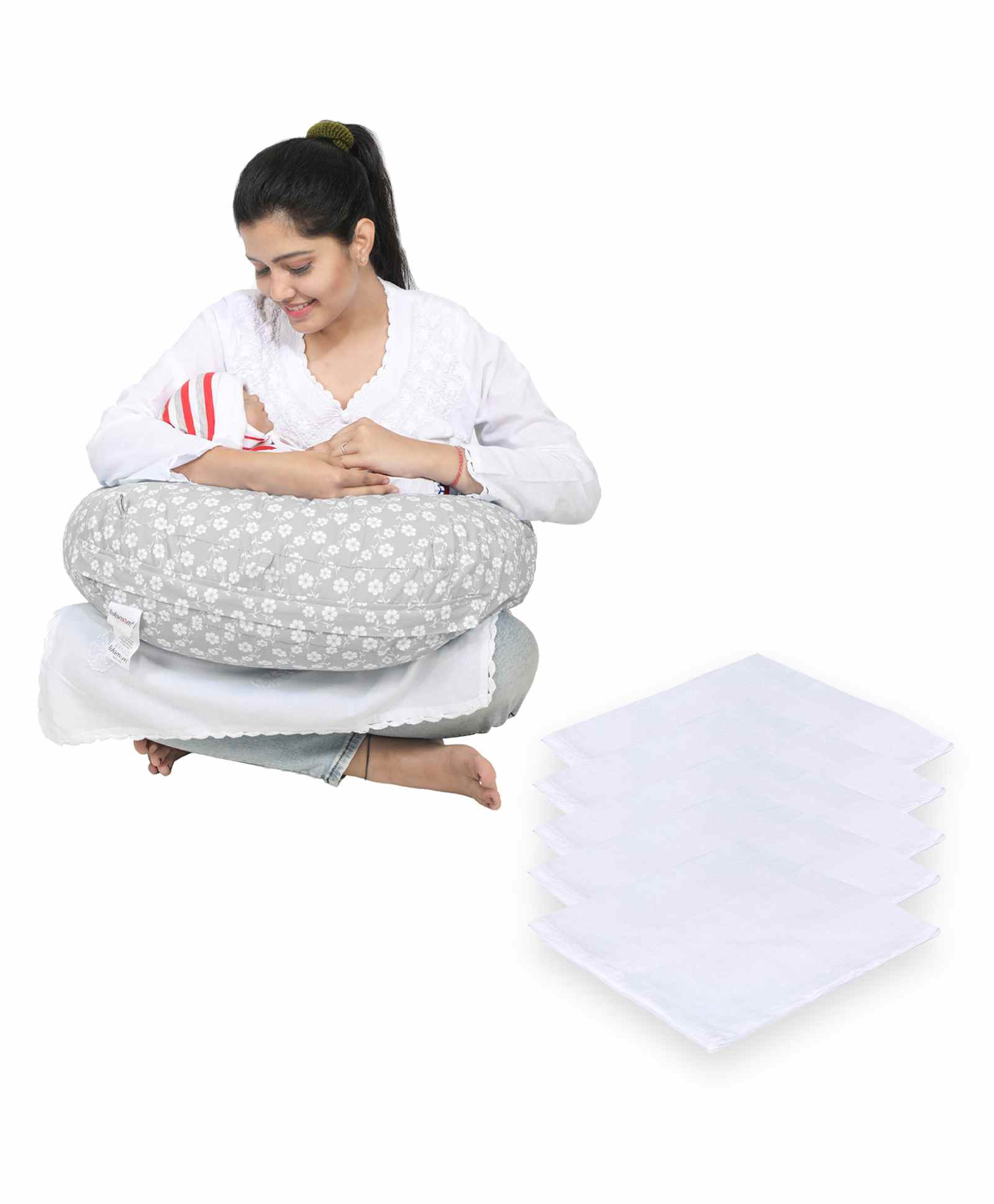 Lulamom Nursing Pillow with Cover Floral Print & Muslin Napkin - Grey White-picture-15