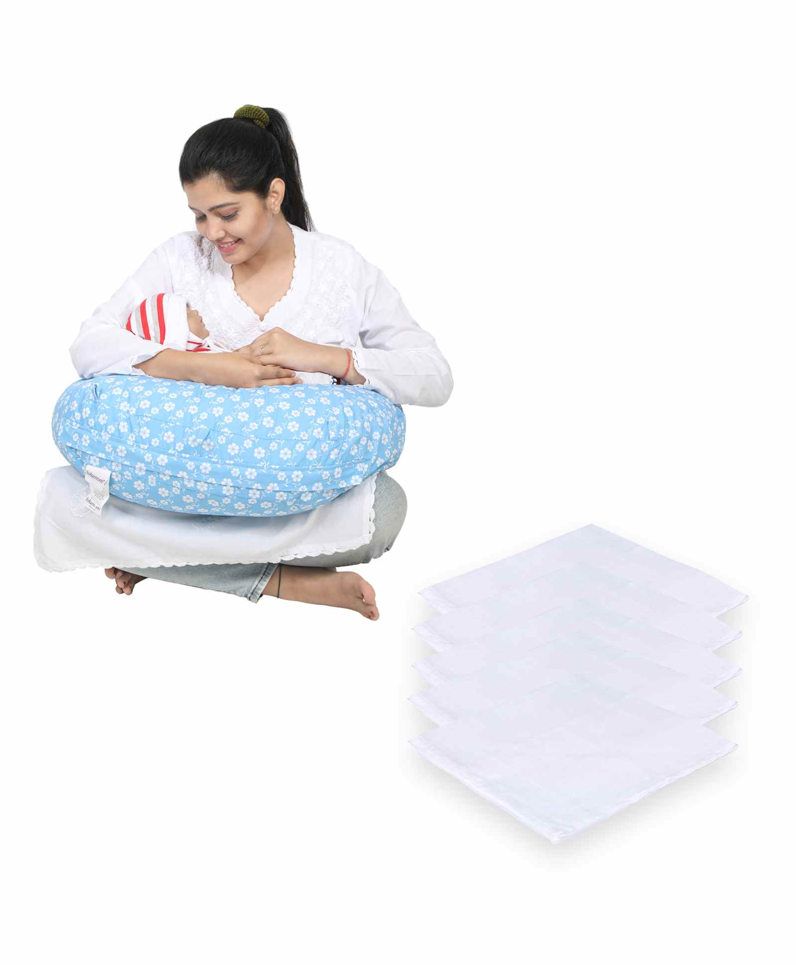 Lulamom Nursing Pillow with Cover Floral Print & Muslin Napkin - Blue White-picture-18