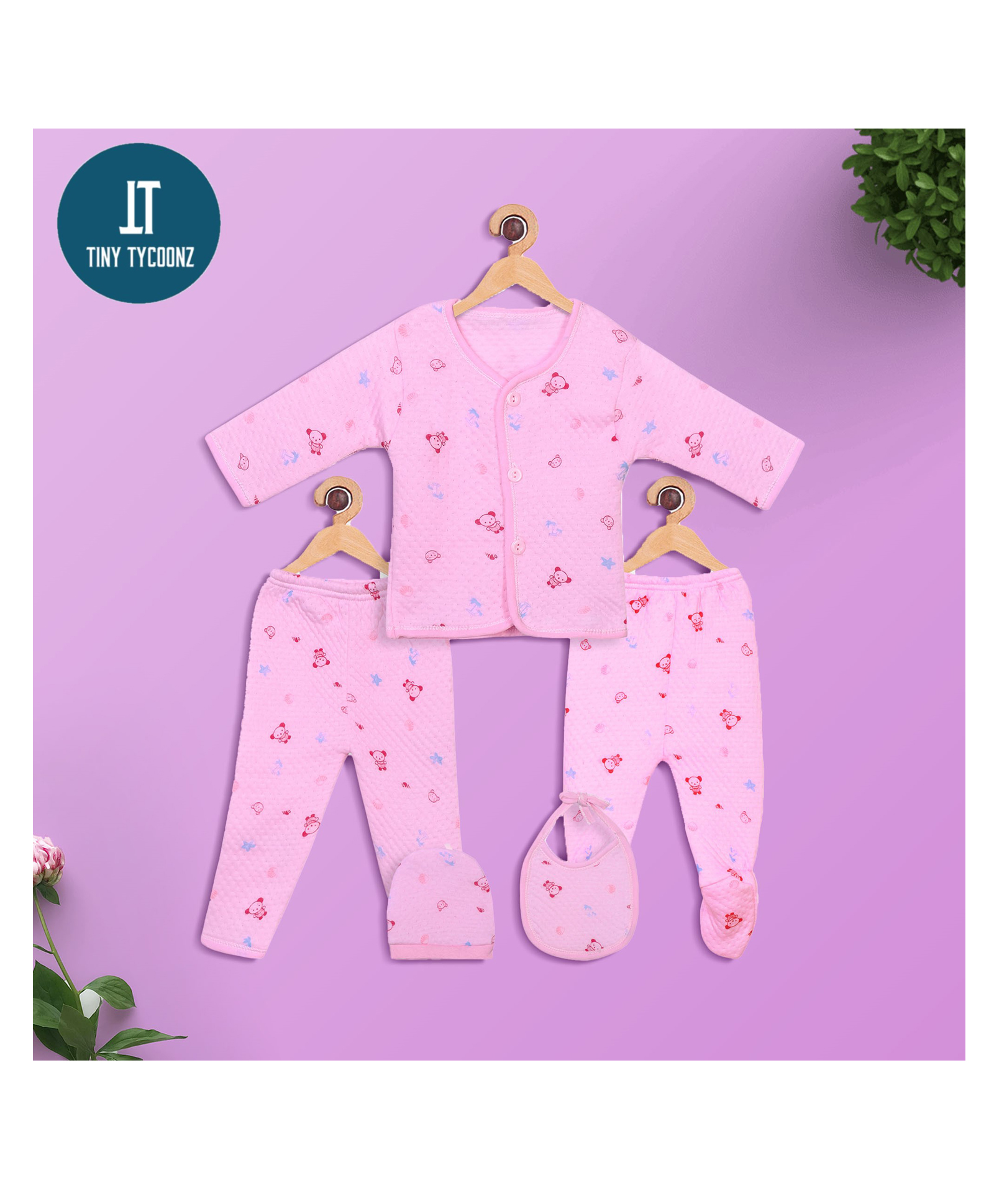 TINY TYCOONZ Full Sleeves Winter Wear Cartoon Print 5 Pieces Set - Pink-image-19