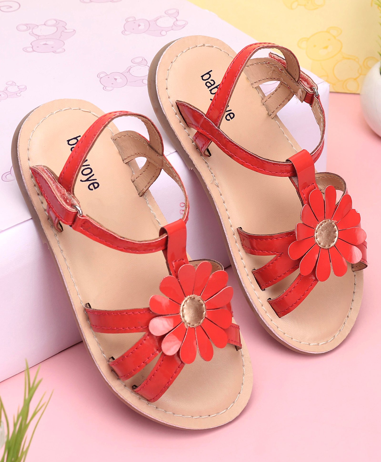Babyoye Velcro Closure Sandals Floral Applique - Red-picture-37