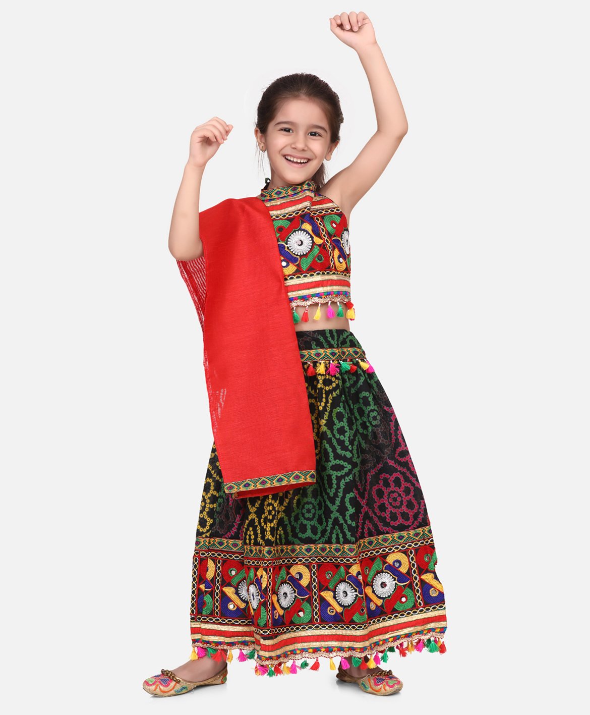 BownBee Sleeveless Mirror Work Navaratri Style Chaniya Choli With Dupatta - Black-image-18