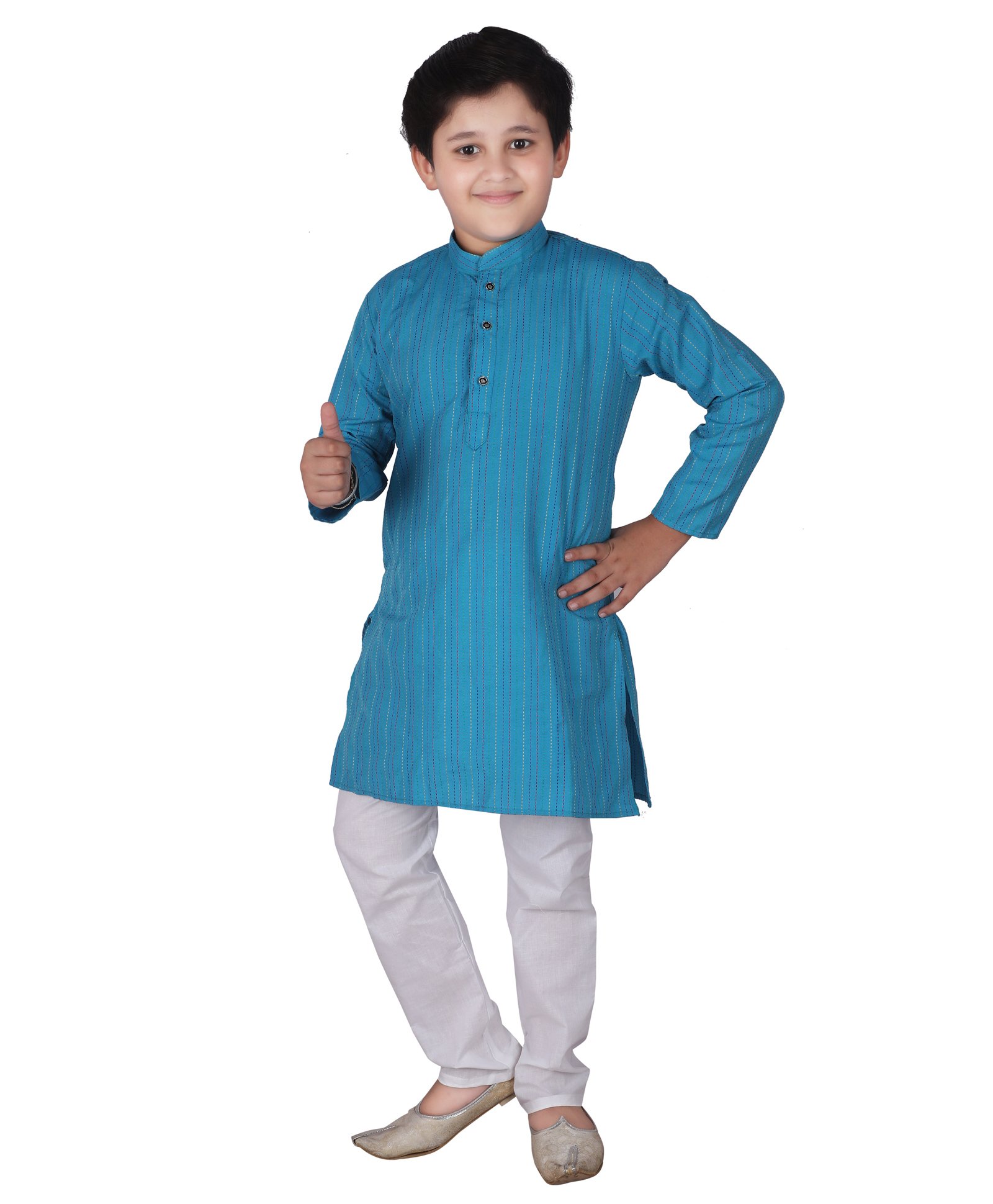 P-MARK Full Sleeves Striped Thread Work Kurta With Pajama - Firozi Blue-picture-19