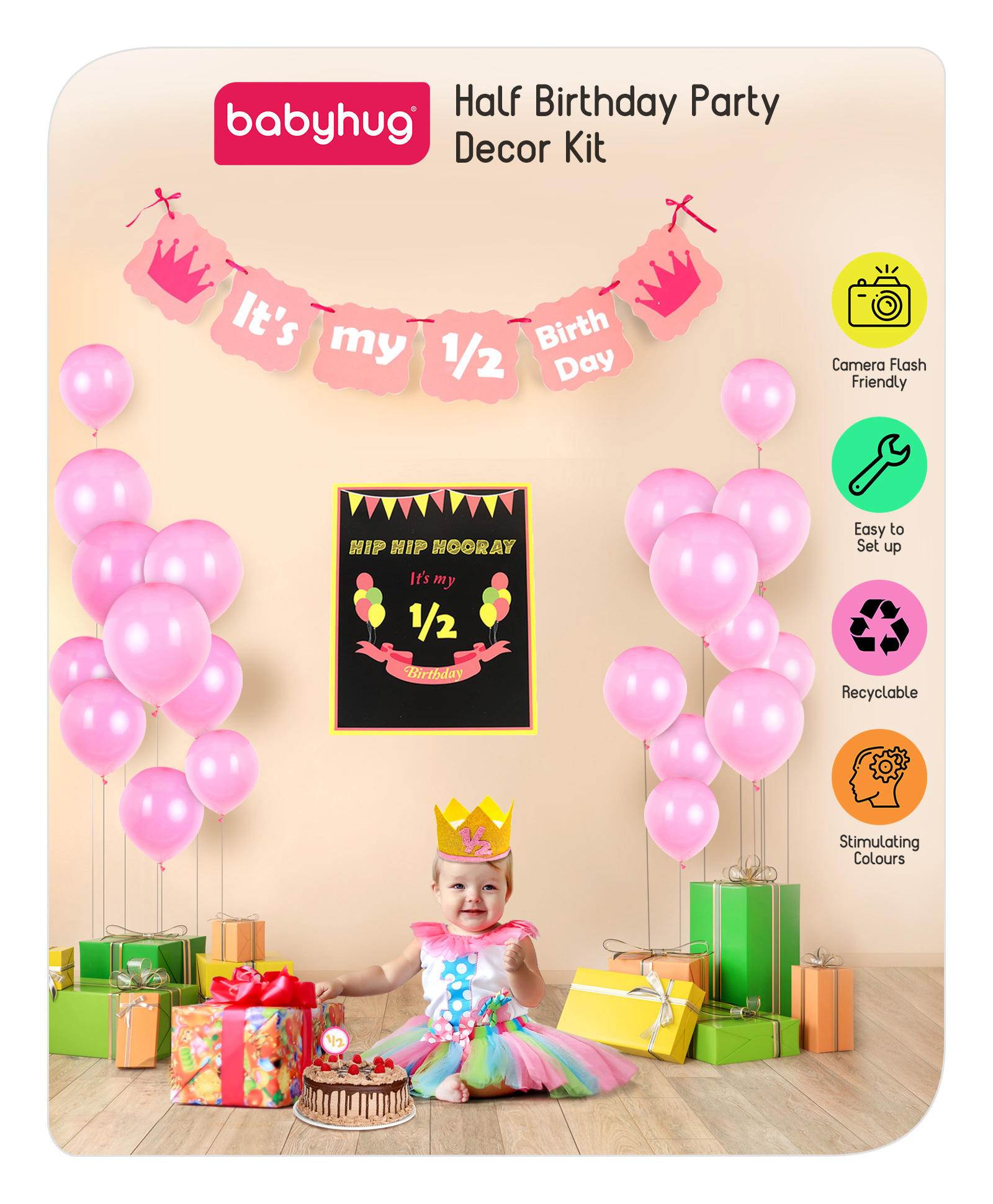 Babyhug Half Birthday Party Decor Kit Pink - Pack of 24