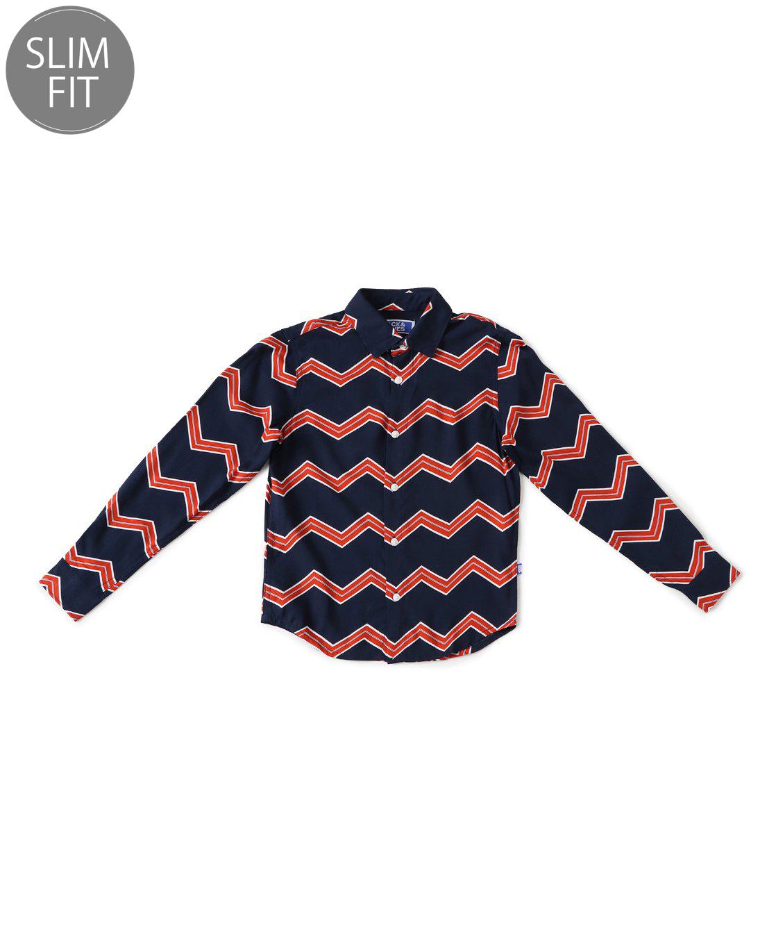 jack & jones junior Jack & Jones Full Sleeves Slim Fit Shirt Chevron Print - Navy Blue-picture-14
