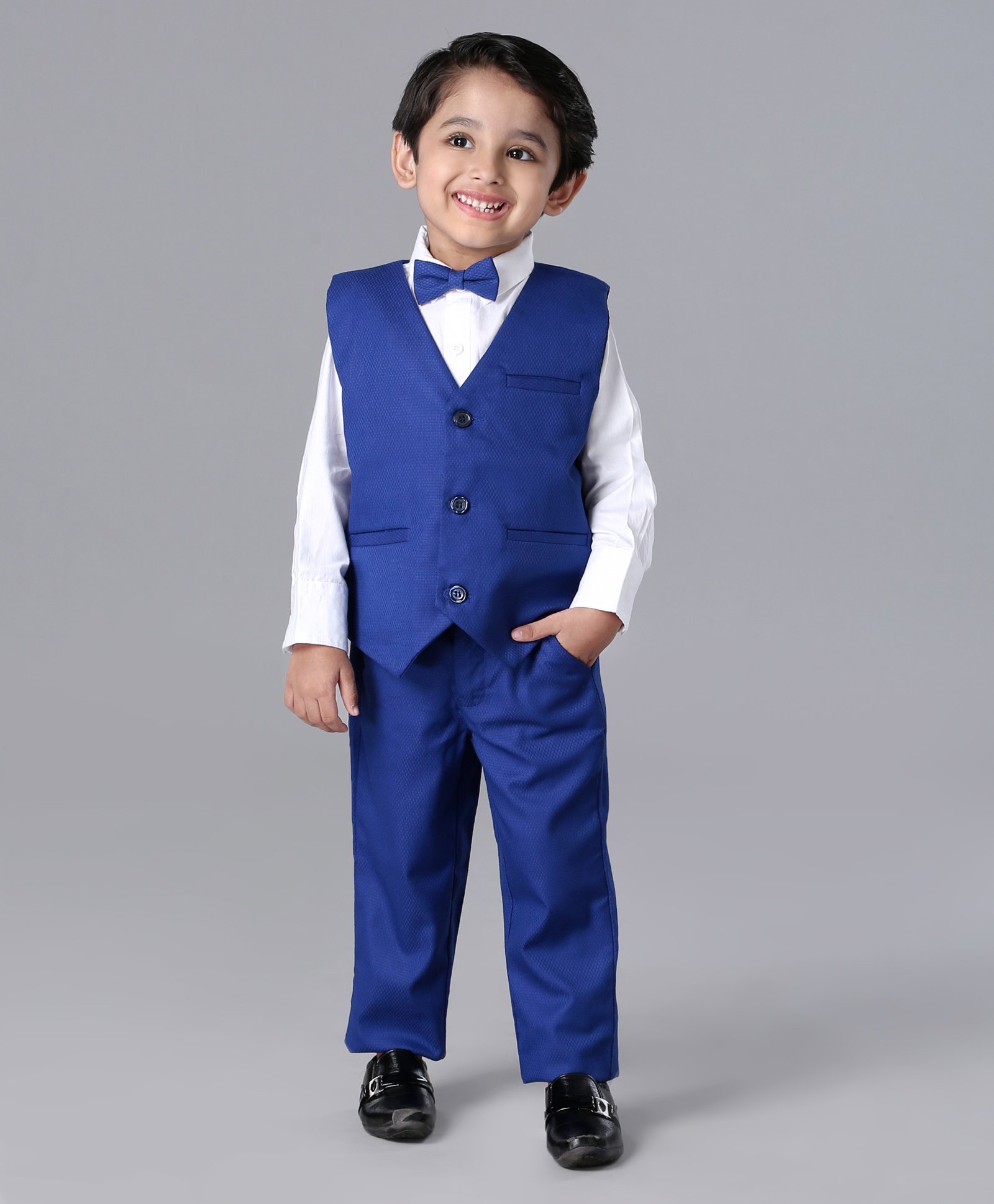 Babyhug Full Sleeves Party Suit with Bow Solid - White Blue-image-36