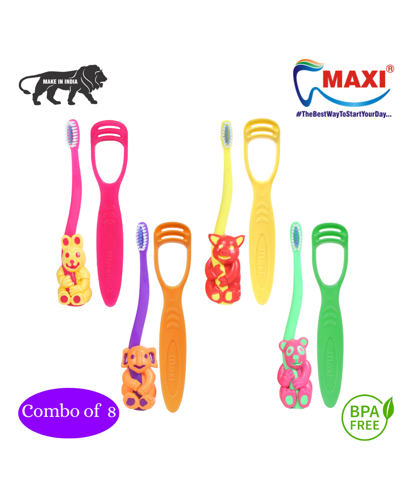 MAXI Oral Care Hygiene Kit 4 Kids Toothbrushes & 4 Tongue Cleaners Combo - Pack of 8-picture-14