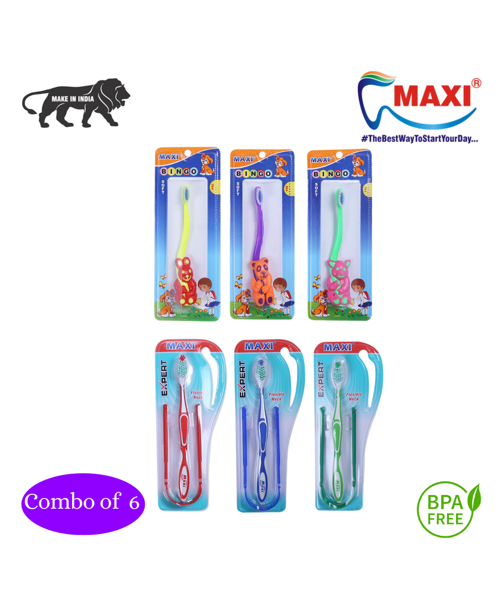 MAXI Mommy & Baby Oral Care Junior Hygiene Kit 3 Kids & 3 Adults Toothbrush Combo - Pack of 6-image-23