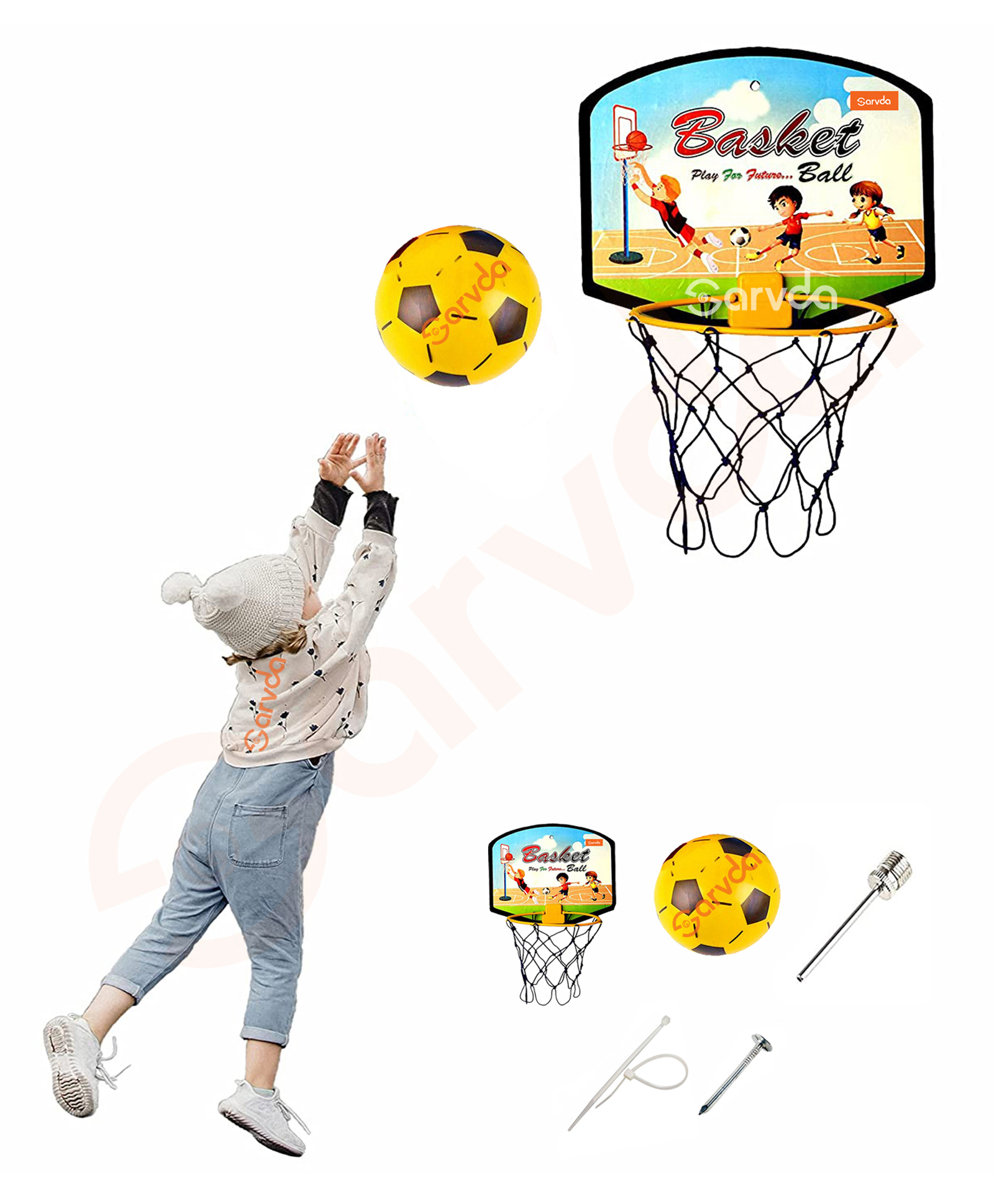 Sarvda Basketball Game PlaySet with Adjustable Wall Mounted Hanging Board & Hoop - Multicolour-picture-13
