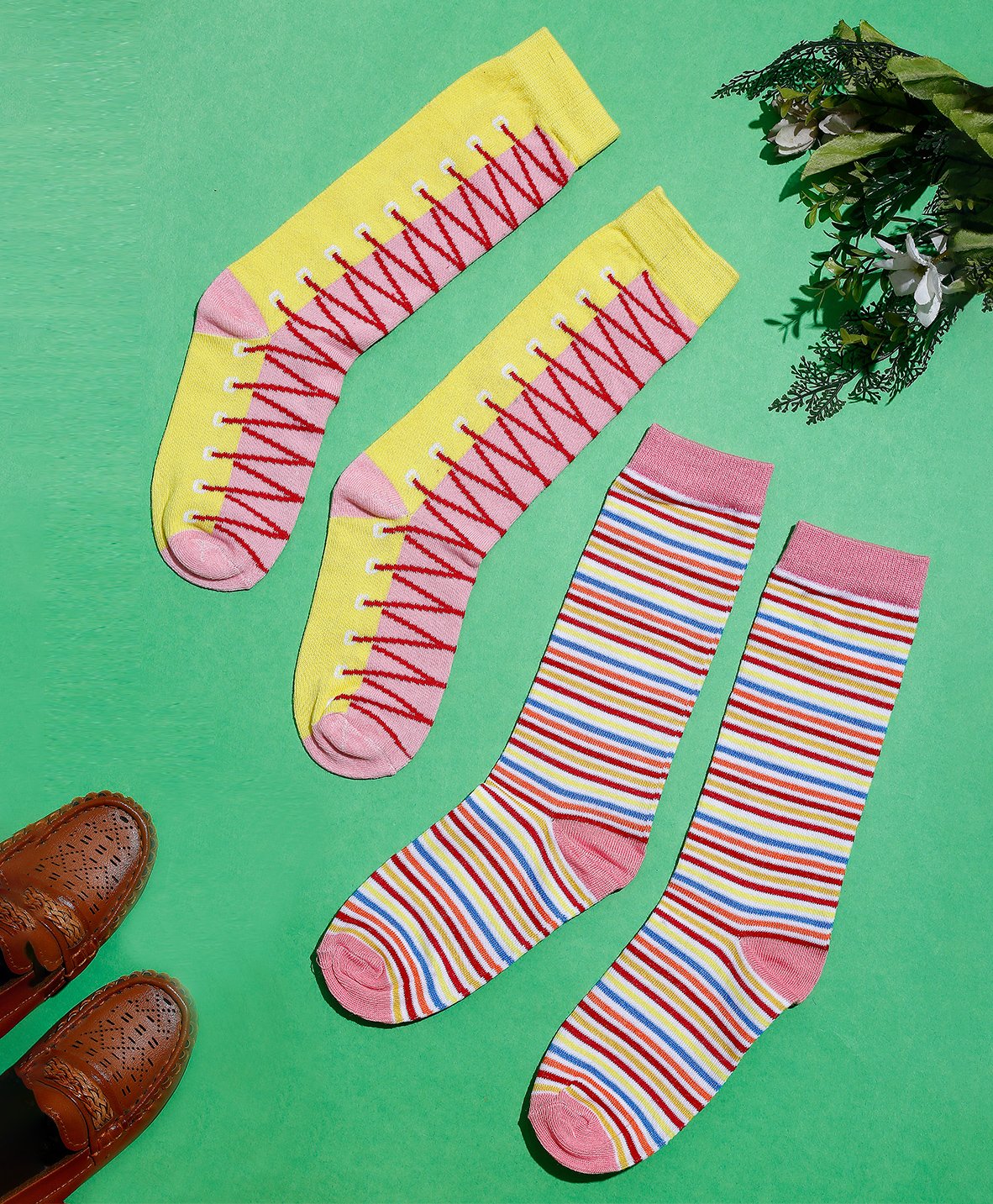 Tipy Tipy Tap Printed Calf High Socks Pack Of 2 - Pink Yellow-image-8