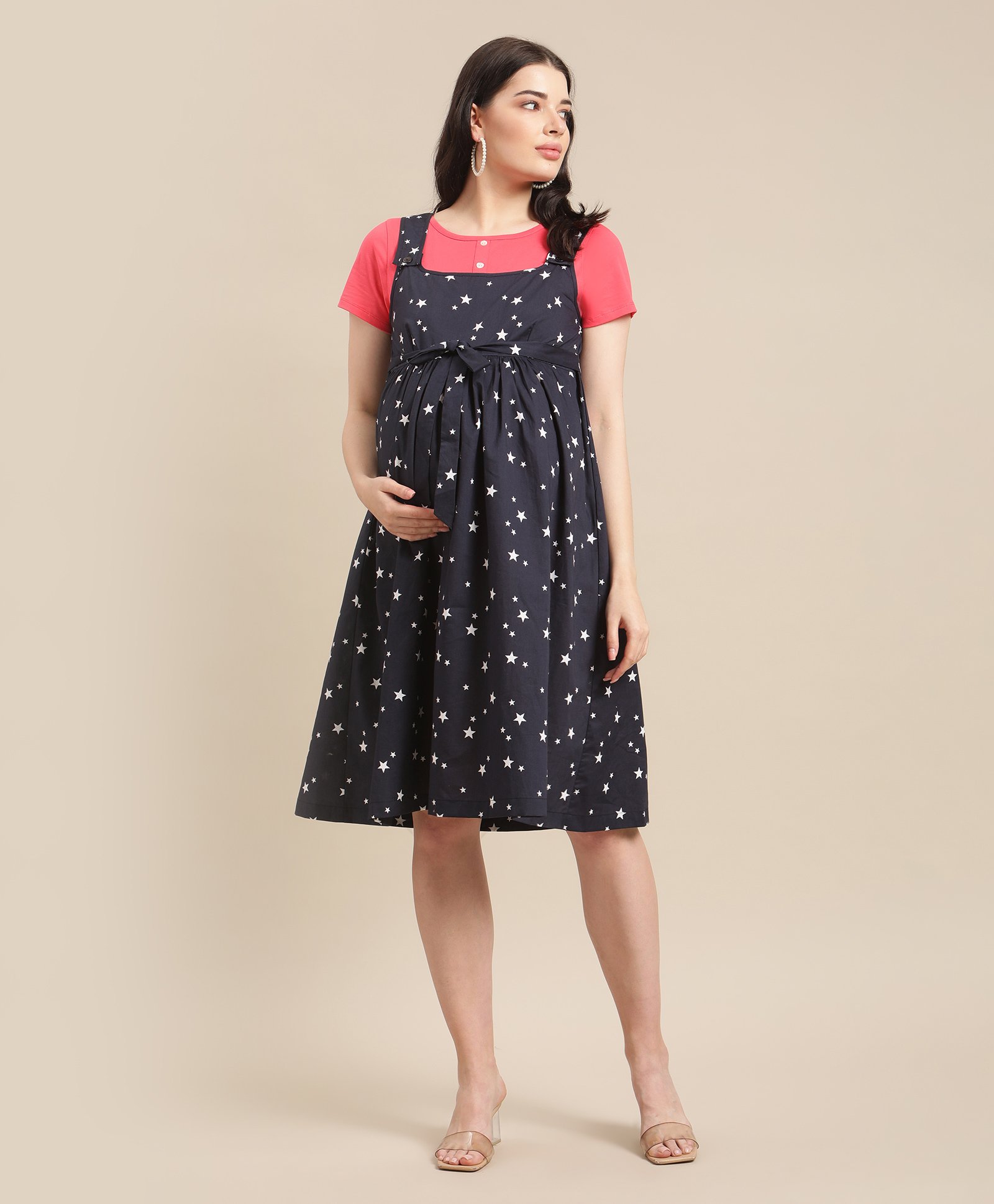 Bella Mama Maternity Dress with Half Sleeves Inner Tee Star Print - Navy  Blue Pink Online in India, Buy at Best Price from FirstCry.com - 9981642
