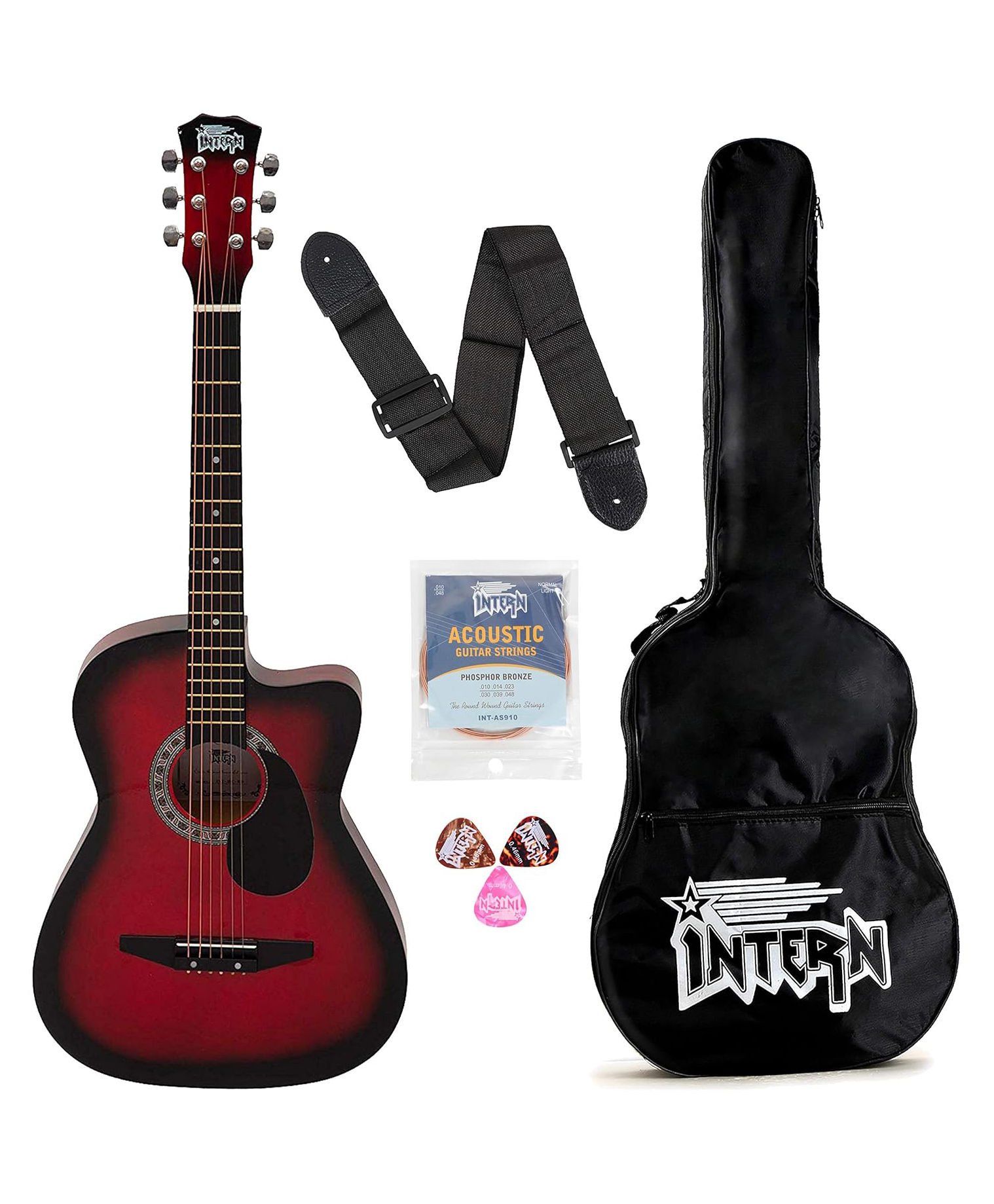Intern INT-38C-RD-G Cutaway Right Handed Acoustic Guitar Kit - Red