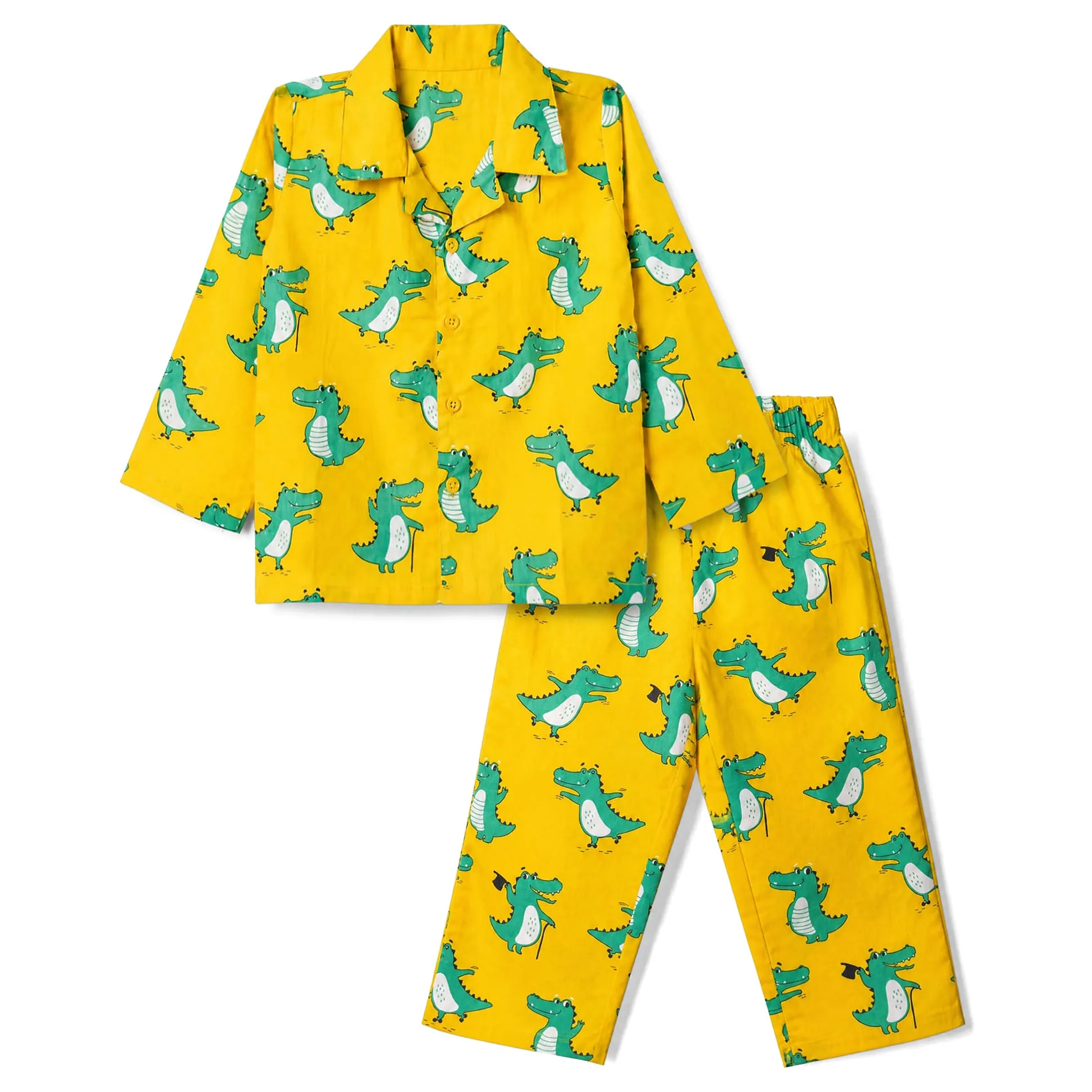 Babyhug Cotton Woven Dinosaur Print Shirt & Pyjama Set - Yellow (5-6 - Image 1