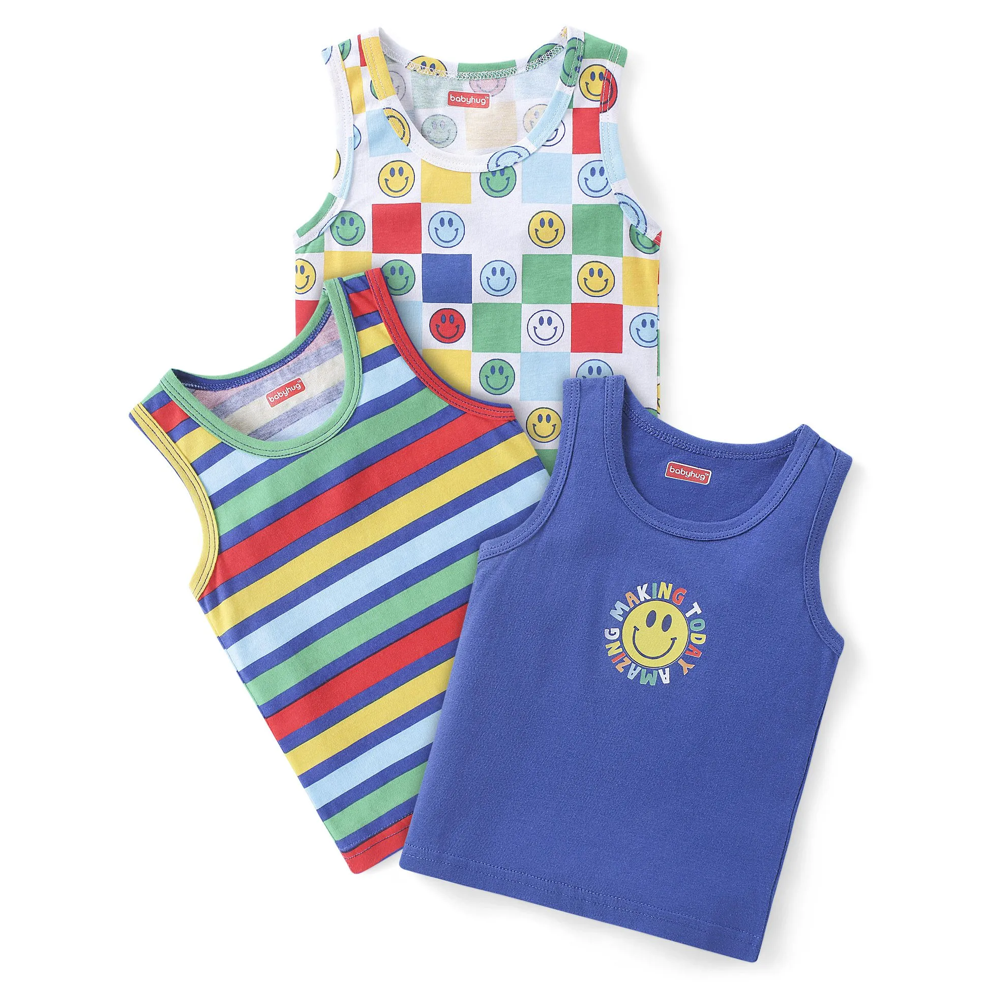 Babyhug 100% cotton sleeveless sandos with stripes and smiley print (pack of 3)