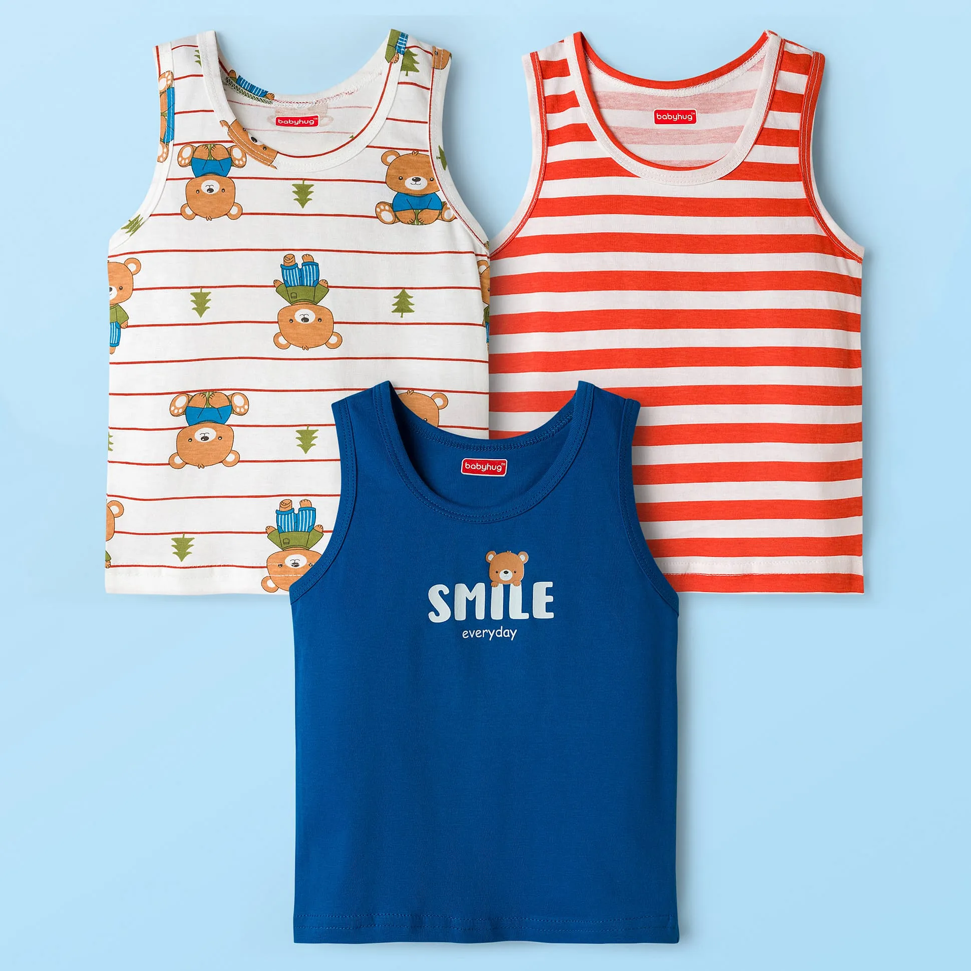Babyhug 100% cotton single-jersey sandos with bear print (pack of 3)