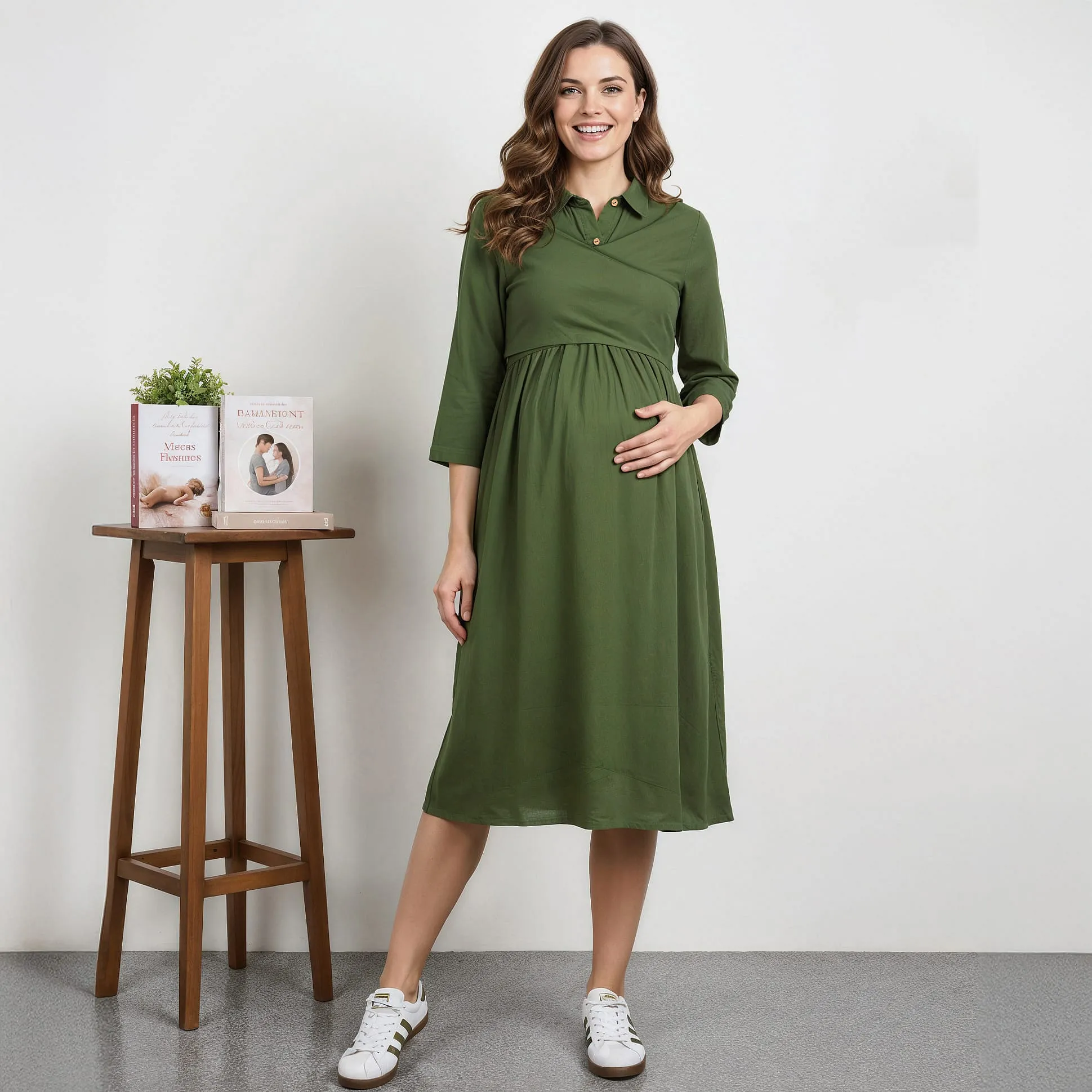 Bella Mama Woven Three Fourth Sleeves Solid Maternity Overlapping Front  Shirt Dress - Olive Green Online in India, Buy at Best Price from  Firstcry.com - 21175068
