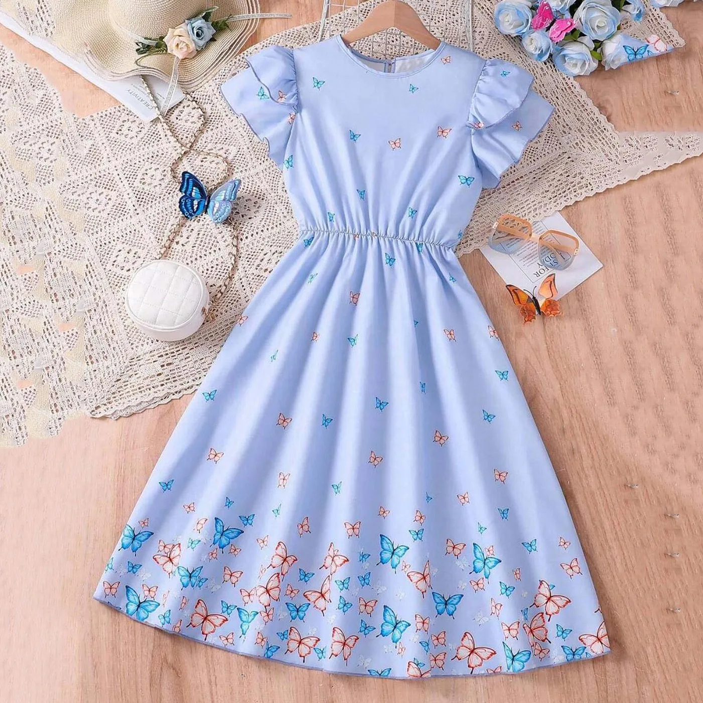sachin and babi light blue dress Butterfly Print Off-Shoulder Dress – Fairycore Chiffon Gown main image 0