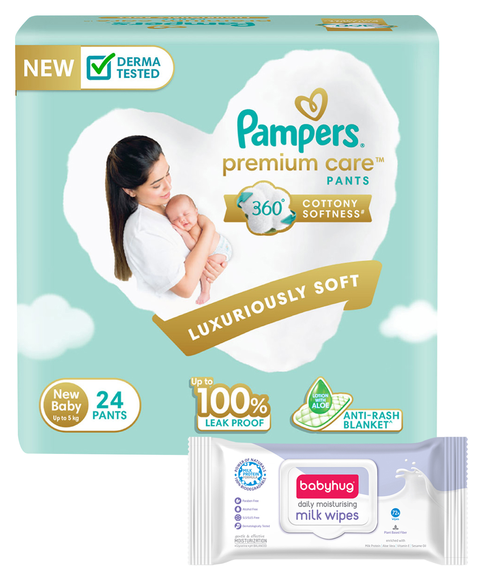Pampers Premium Care Pants, New Born, Extra Small size baby diapers  (NB,XS), 24 count, Softest ever Pampers & Babyhug Daily Moisturising Milk Wipes - 72 Pieces-image-9
