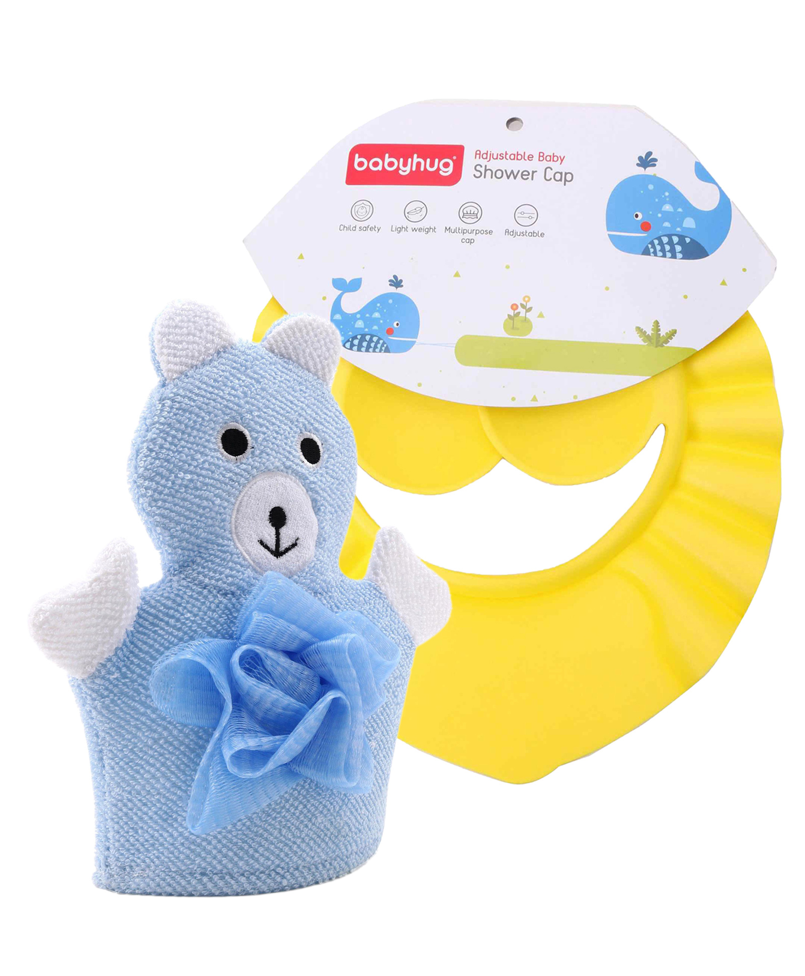 Set of 2 Combo - Babyhug Bear Shape Bath Glove With Attached Loofah - Blue Babyhug Baby Shampoo Cap - Yellow image 1