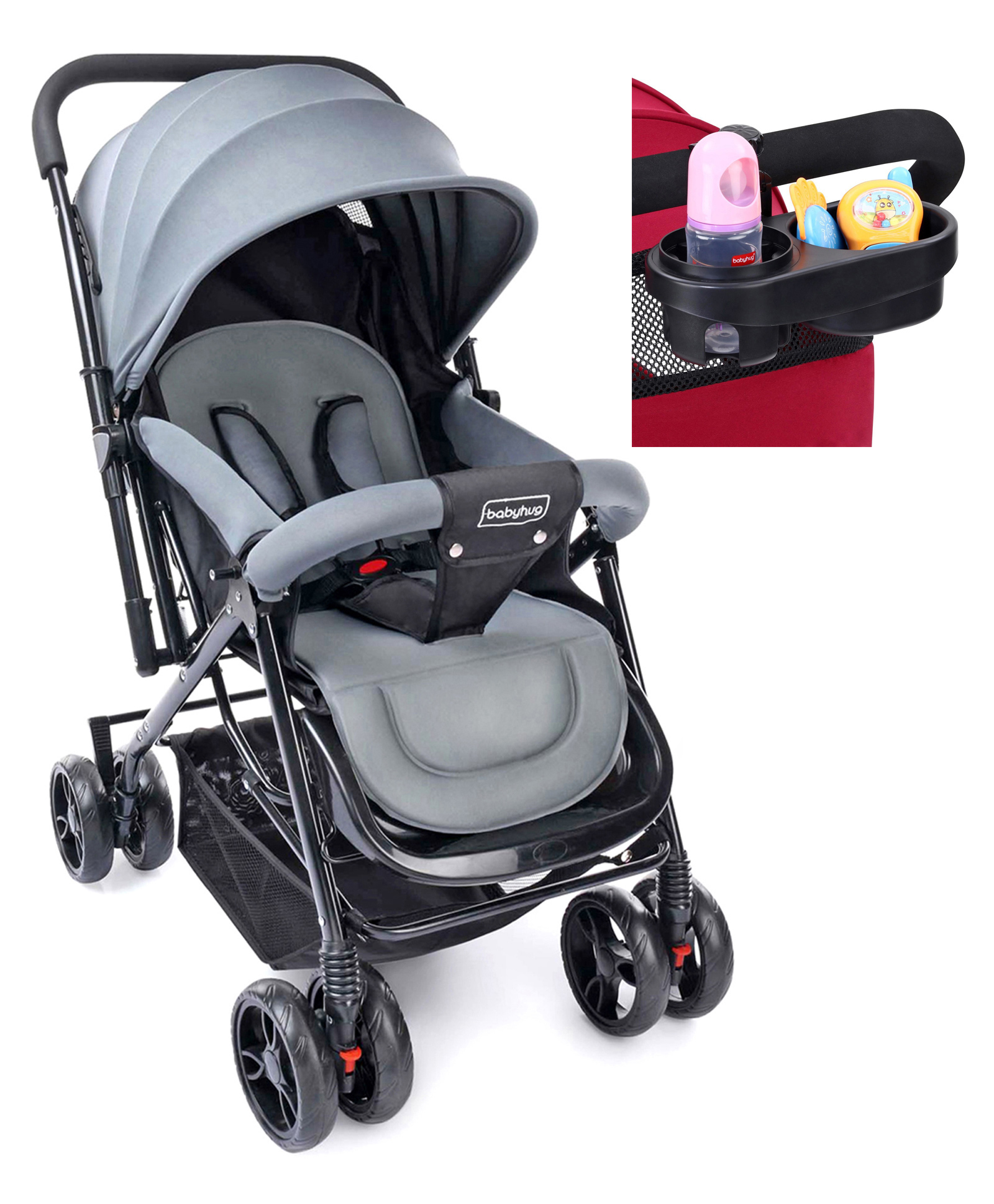 Babyhug Symphony Stroller With Reverisble Handle & Mosquito Net - Grey image 1