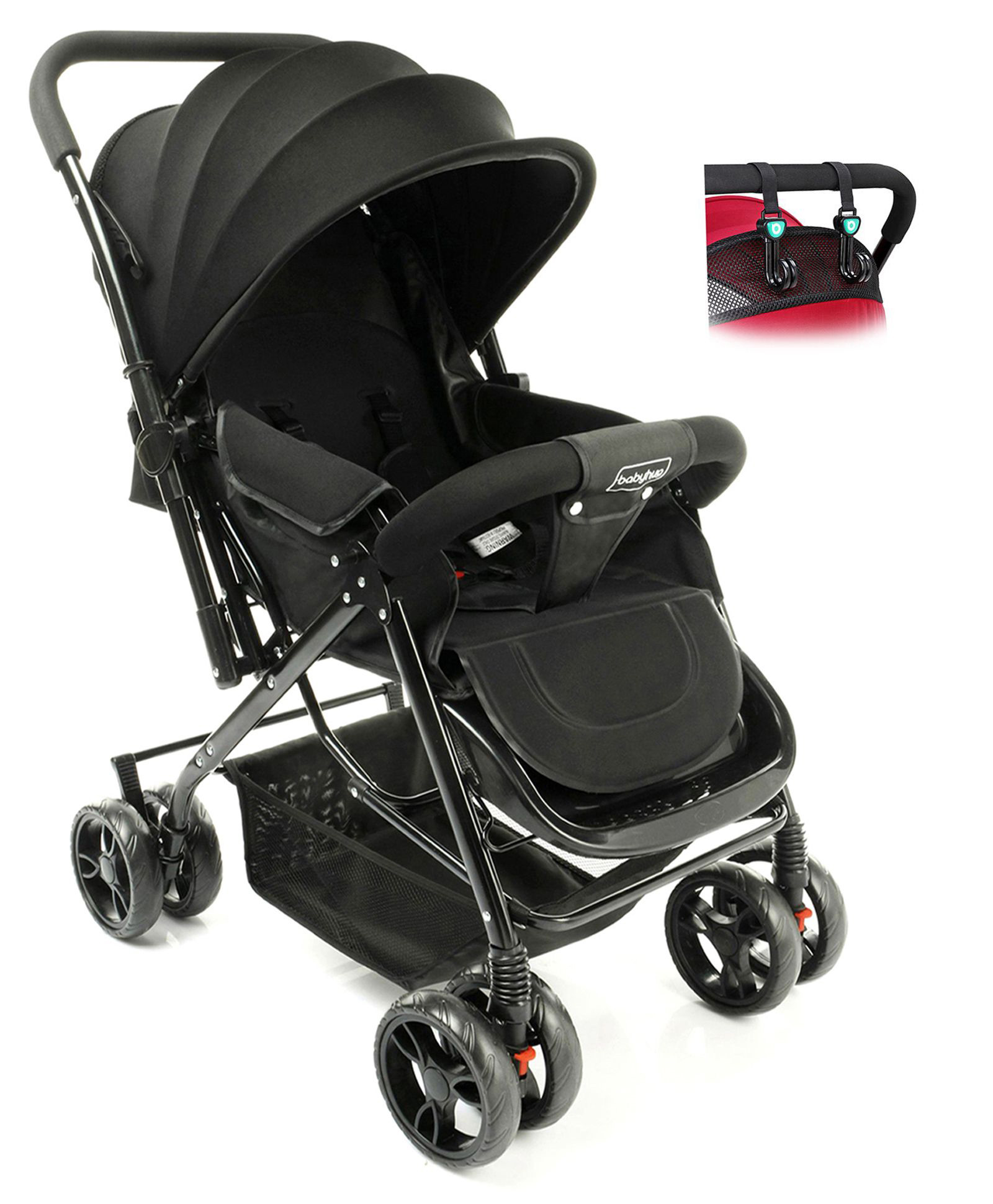 Babyhug Symphony Stroller With Mosquito Net AND Stroller Hooks Pack of 2 - Black image 1
