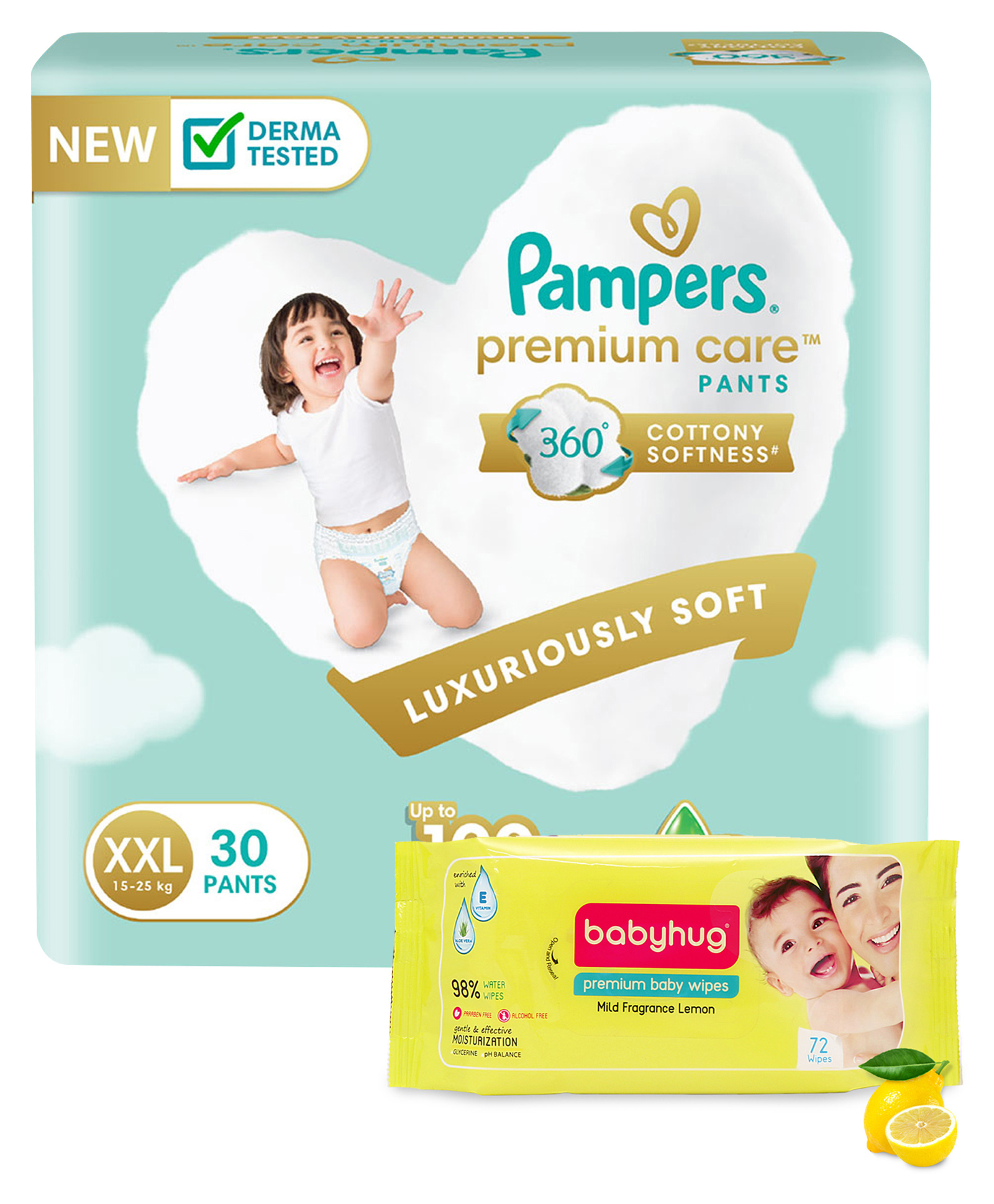 Pampers Premium Care Pants, Double Extra Large size baby diapers (XXL), 30 Count, Softest ever Pampers pants & Babyhug Premium Baby Lemon Wipes - 72 Pieces-image-31