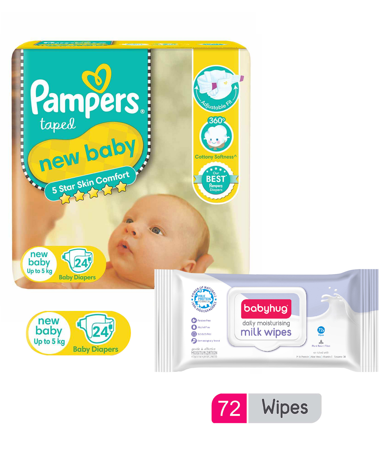 Pampers Active Baby Diapers, New Born, Extra Small, (NB, XS) size, 24 Count, Taped style diaper & Babyhug Daily Moisturising Milk Wipes - 72 Pieces-picture-15