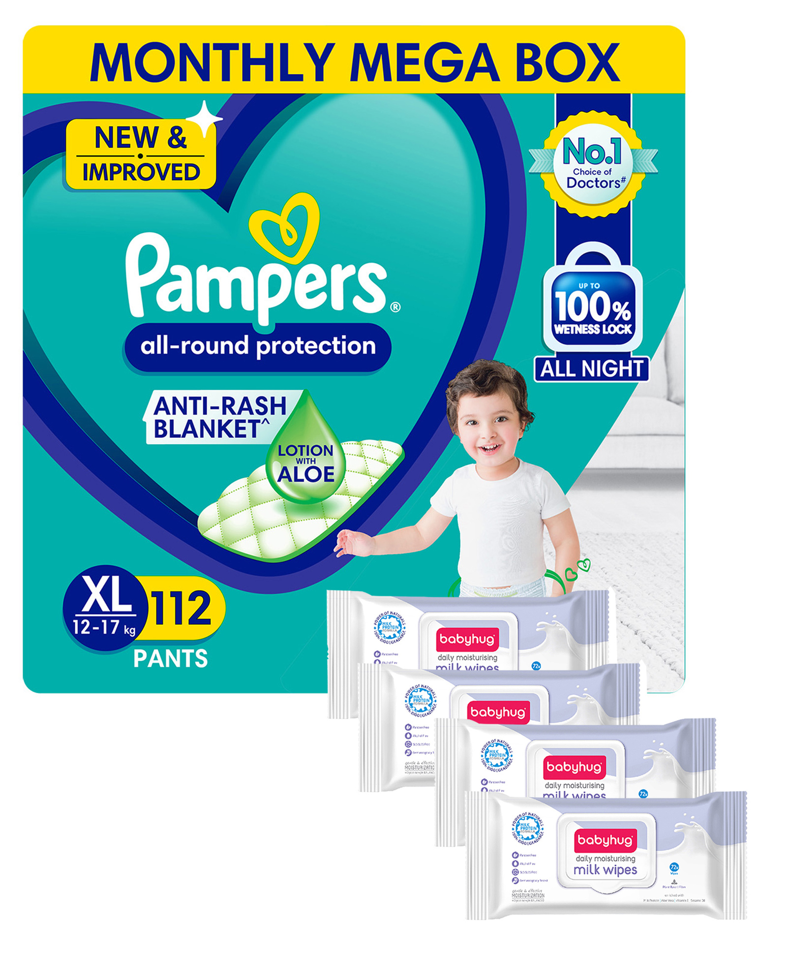 Pampers All round Protection Pants, Extra Large size  (XL) 112 Count, Anti Rash diapers, Lotion with Aloe Vera & Babyhug Daily Moisturising Milk Wipes - 72 Pieces  - (Pack of 4)-image-19