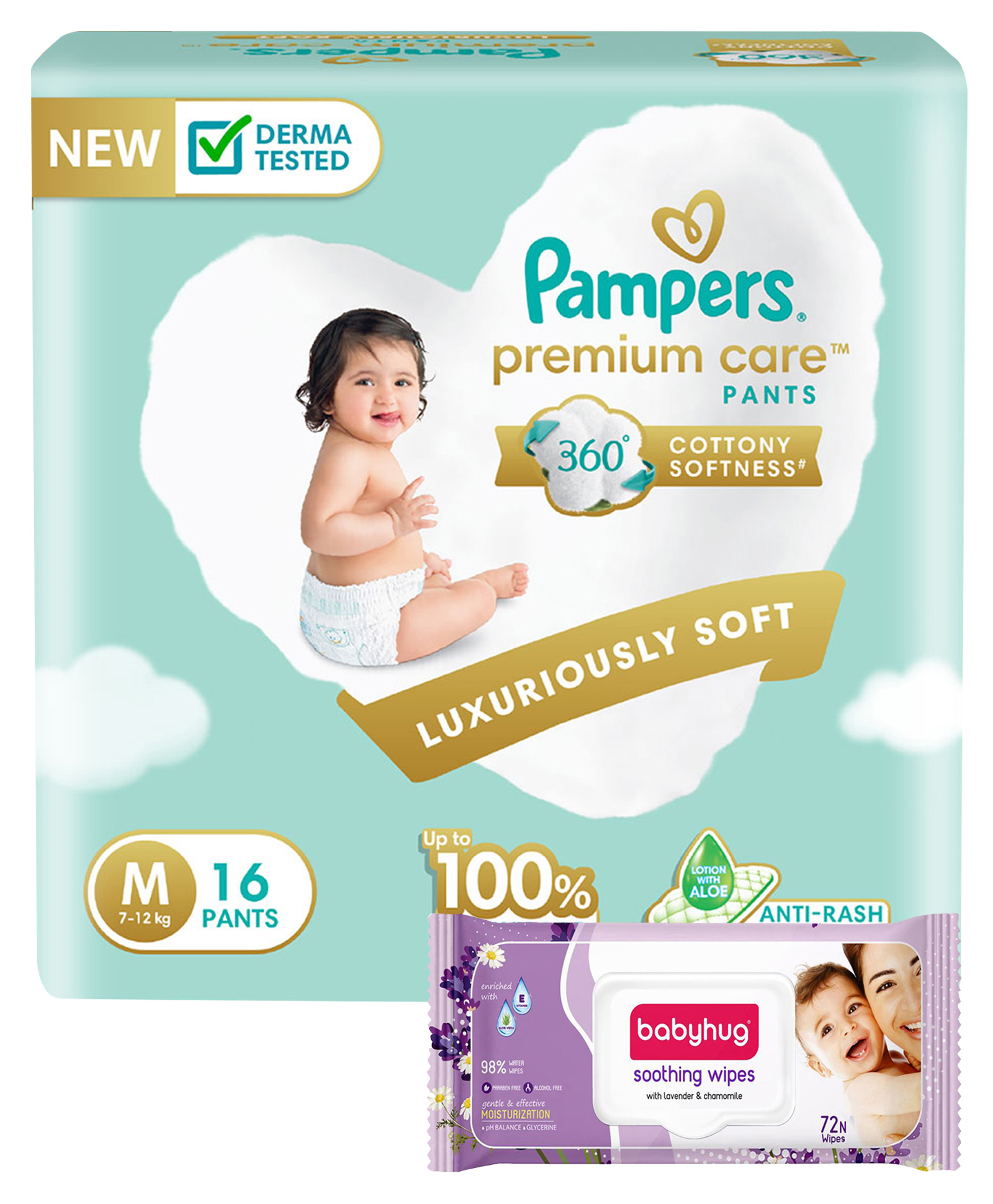 Pampers Premium Care Pants, Medium size baby diapers (MD), 16 Count, Softest ever Pampers pants & Babyhug Soothing Lavender & Chamomile Wipes - 72 Pieces-image-40