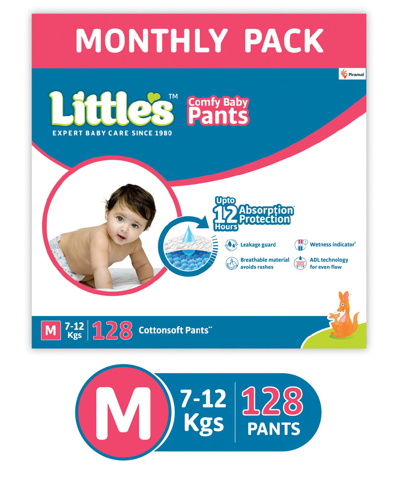 Little's Comfy Baby Pants Diapers Medium Size with Wetness Indicator and 12 hours Absorption, M (32 count) - (Pack of 4) image 1