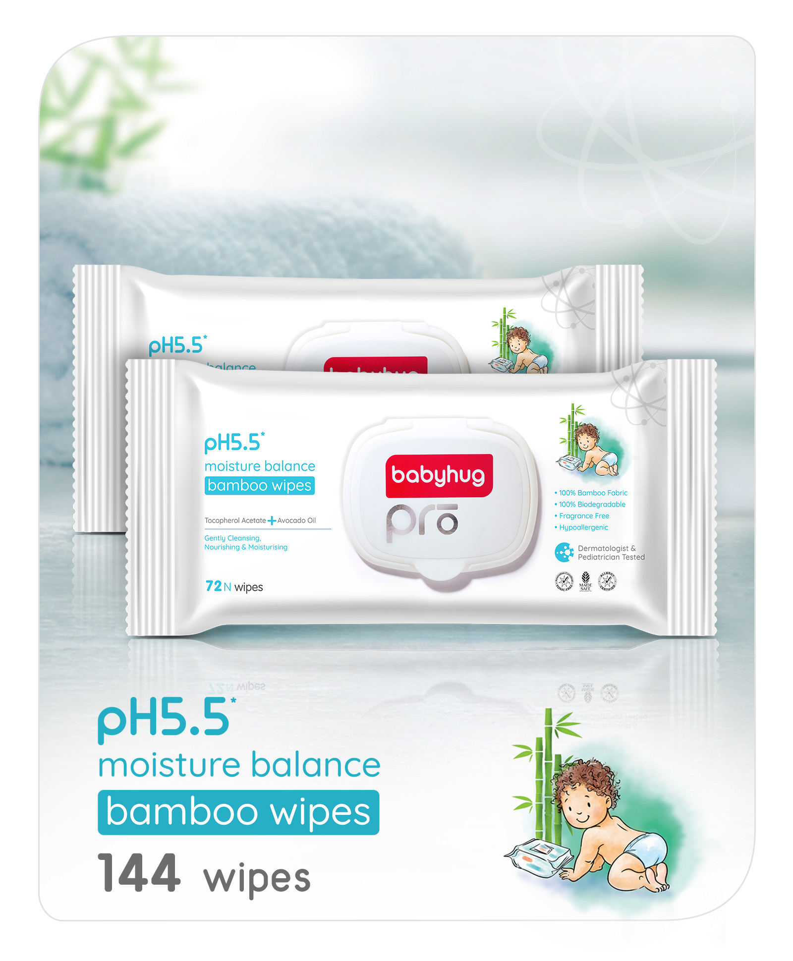 Babyhug Pro pH 5.5 Moisture Balance Bamboo Wipes - 72 pieces ( Pack of 2)