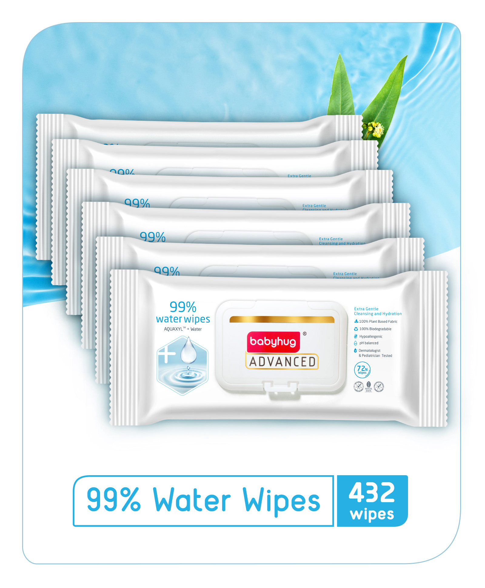 Babyhug Advanced 99% Pure Water (Unscented) Baby Wipes - 72 pieces (Pack of 6)