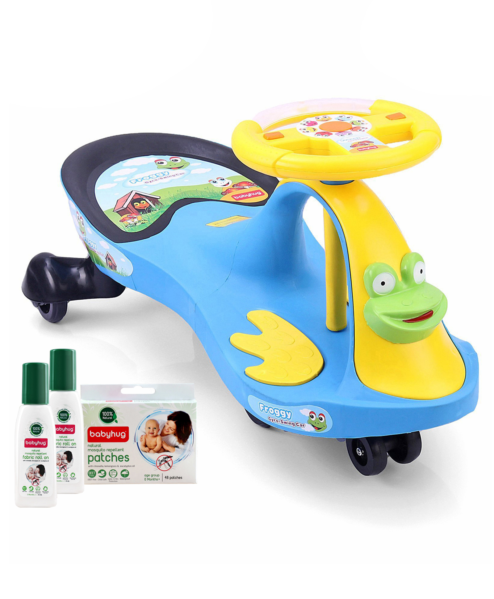 Babyhug Froggy Gyro Swing Car - Blue with Natural Mosquito Repellent Patches (48 pcs) & Fabric Roll On (8ml - Pack of 2) - Set of 4 image 1