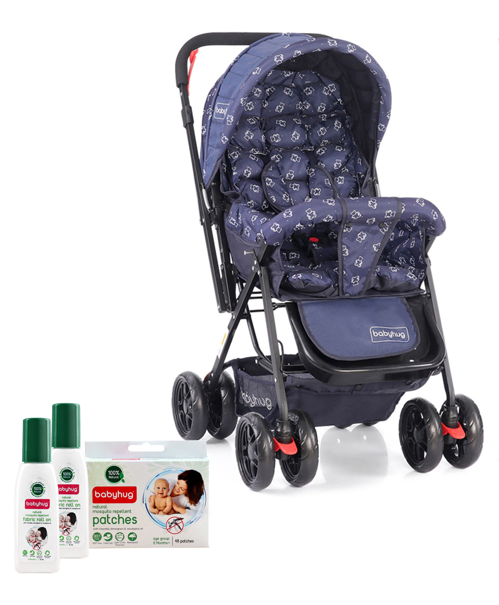 Babyhug Cocoon Stroller - Blue with Natural Mosquito Repellent Patches (48 pcs) & Fabric Roll On (8ml - Pack of 2) - Set of 4 image 1