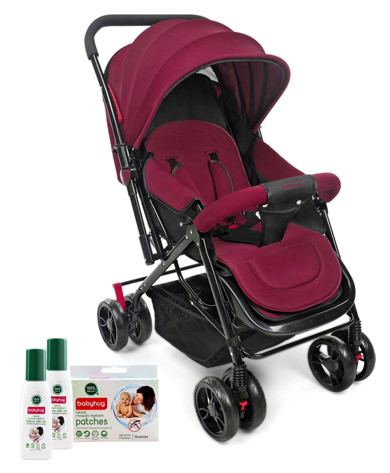 Babyhug Symphony Stroller - Mauve with Natural Mosquito Repellent Patches (48 pcs) & Fabric Roll On (8ml - Pack of 2) - Set of 4 image 1