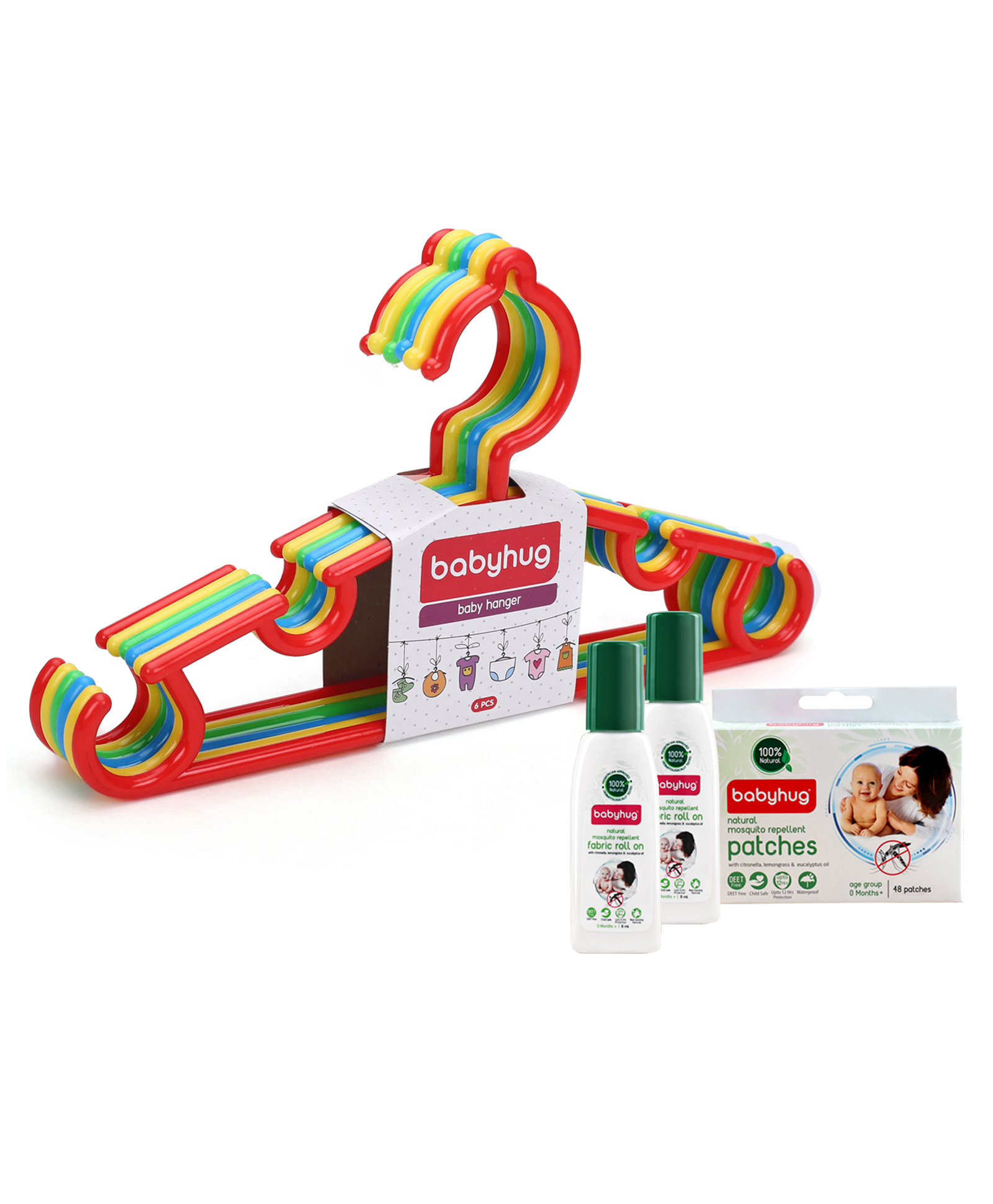 Babyhug Set Of 6 Hangers - Multicolor with Natural Mosquito Repellent Patches (48 pcs) & Fabric Roll On (8ml - Pack of 2) - Set of 4 image 1