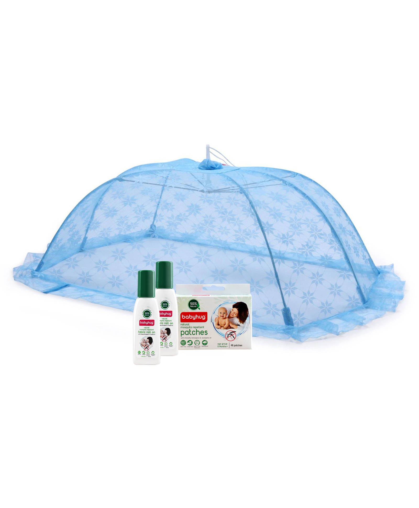 Babyhug Portable Baby Mosquito Net - Blue with Natural Mosquito Repellent Patches (48 pcs) & Fabric Roll On (8ml - Pack of 2) - Set of 4 image 1