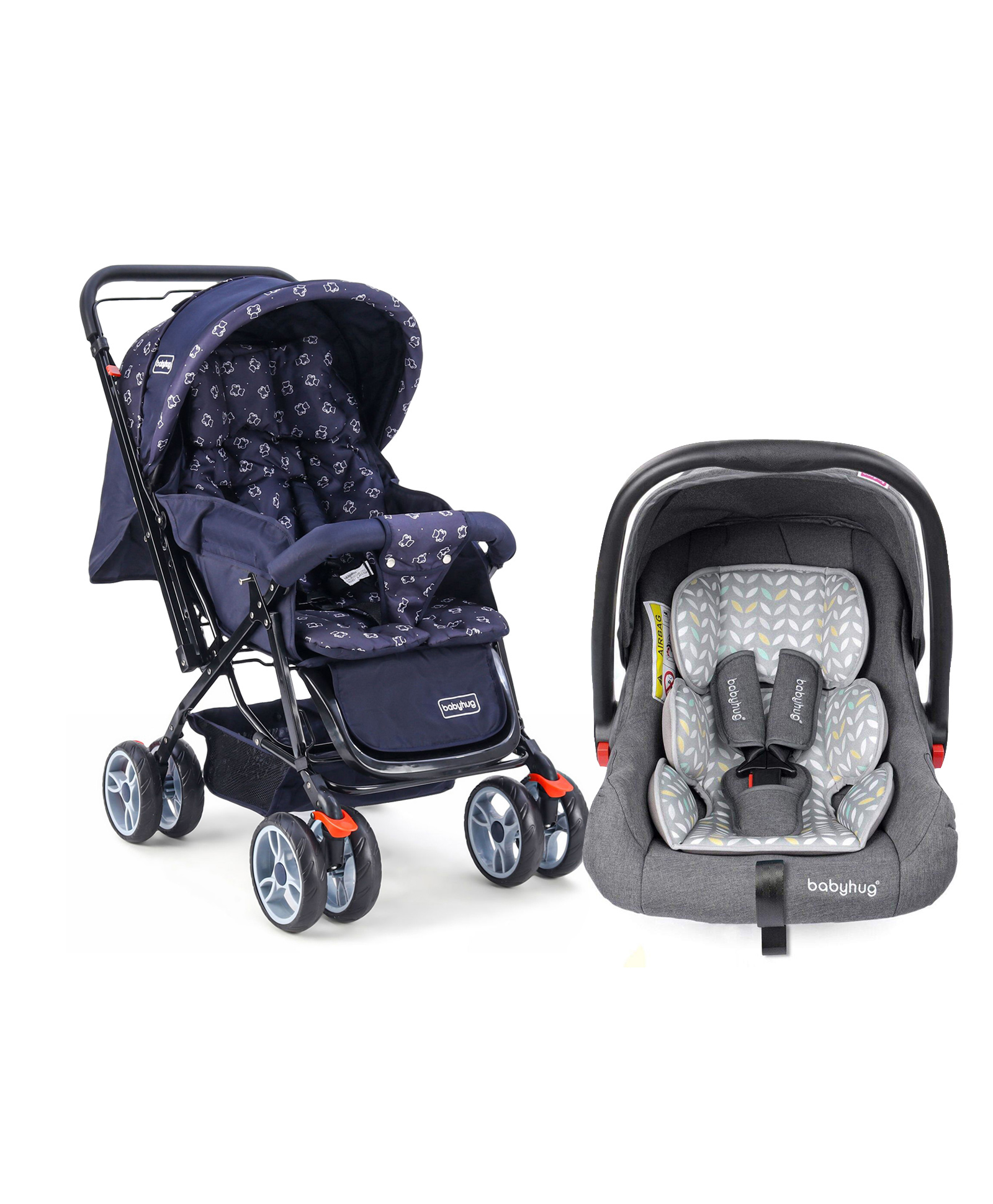 Babyhug Amber Car Seat Cum Carry Cot With Rocking Base & GreyBabyhug Comfy Ride Stroller With Reversible Handle - Dark Blue image 1