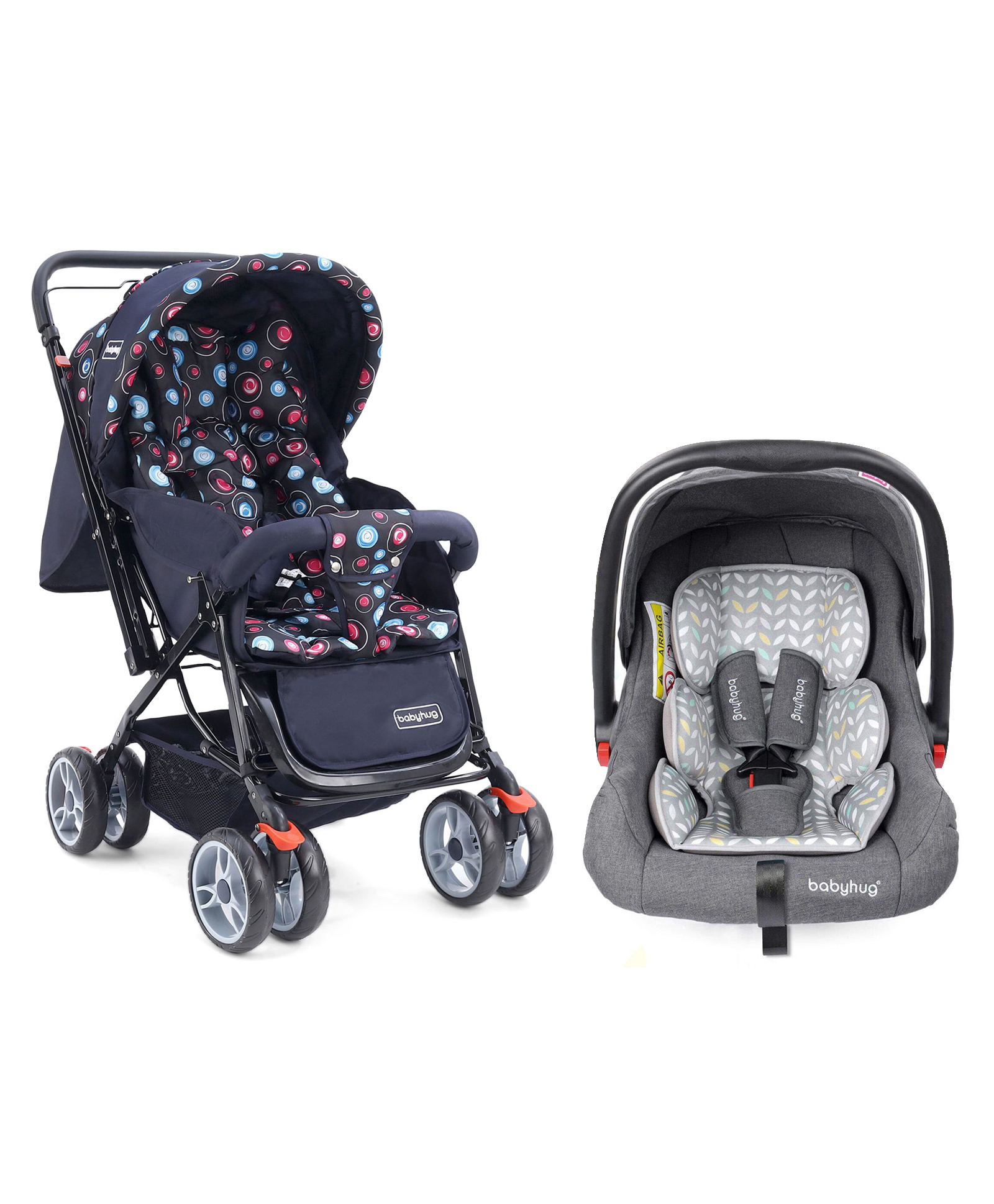 Babyhug Amber Car Seat Cum Carry Cot With Rocking Base & GreyBabyhug Comfy Ride Stroller With Reversible Handle - Dark Navy Blue image 1