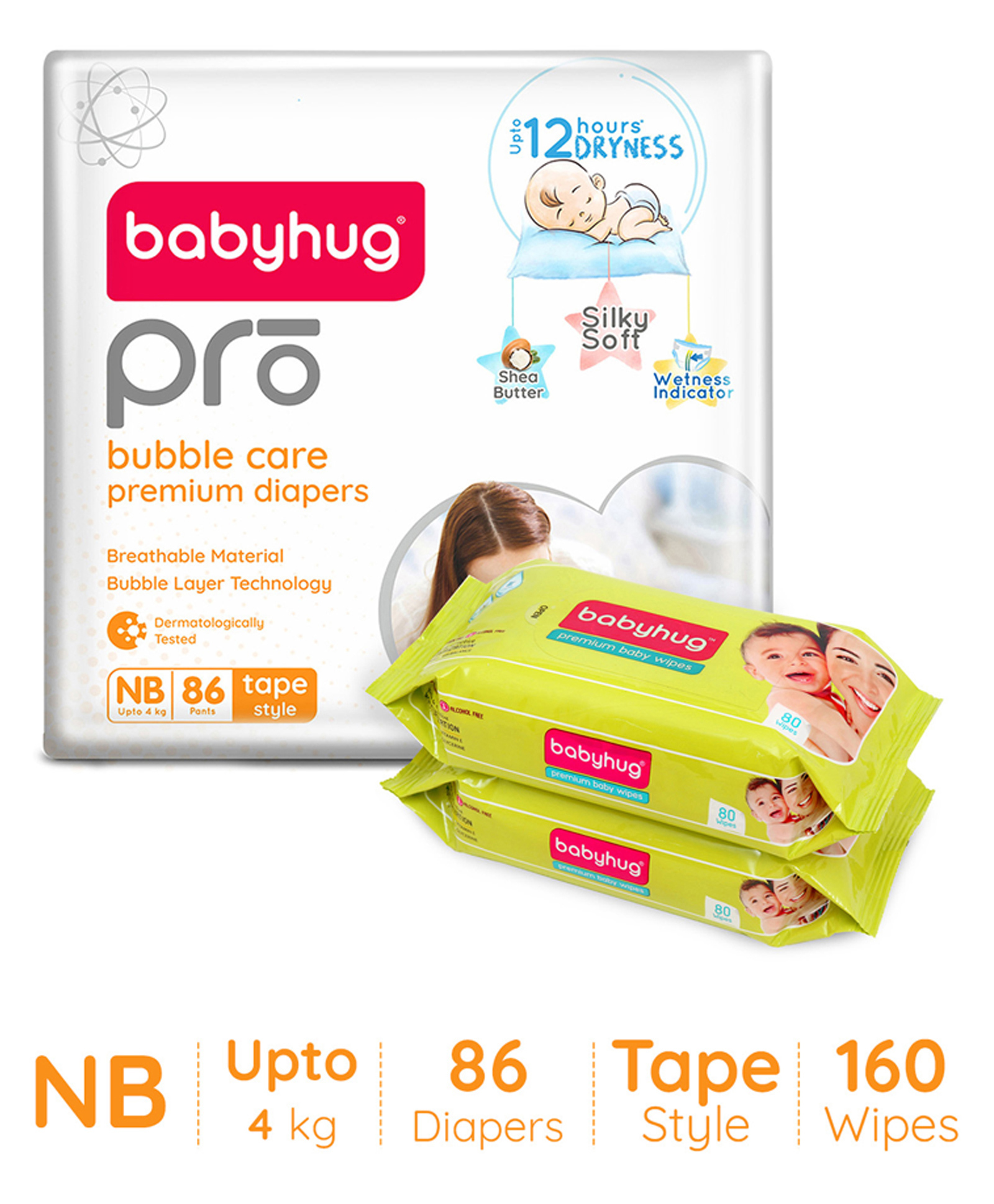 Babyhug Pro Bubble care premium Tape Style Diaper New Born - 86 Pieces & Babyhug Premium 98% Water Baby Wet Wipes - 80 Pieces -(Pack of 2)-image-37