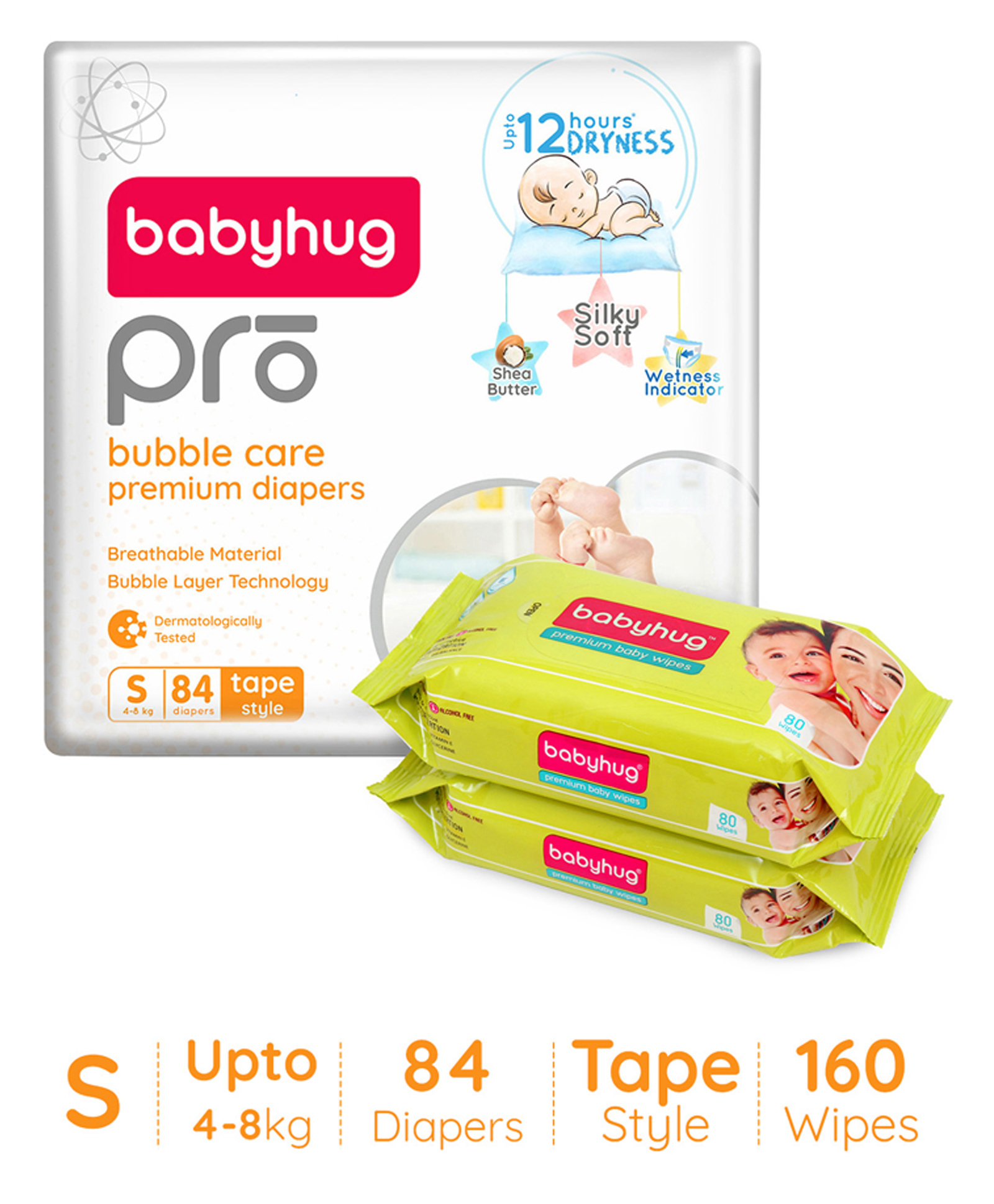 Babyhug Pro Bubble care premium Tape Style Diaper Small - 84 Pieces & Babyhug Premium 98% Water Baby Wet Wipes - 80 Pieces -(Pack of 2)-image-38