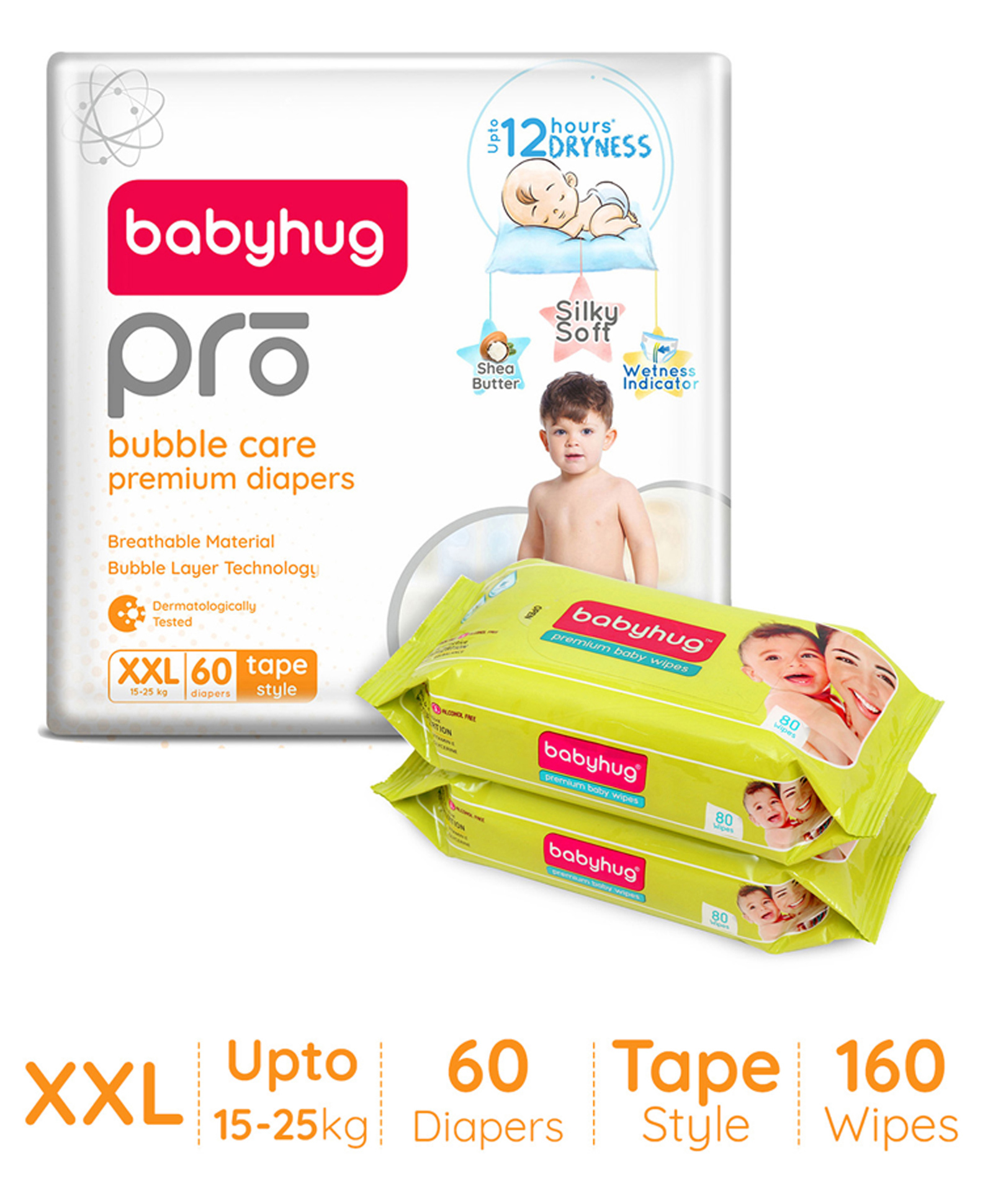 Babyhug Pro Bubble care premium Tape Style Diaper XX Large - 60 Pieces & Babyhug Premium 98% Water Baby Wet Wipes - 80 Pieces -(Pack of 2)-image-41