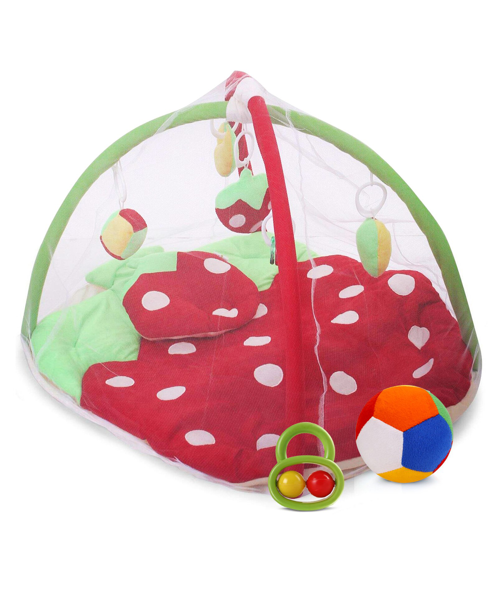 Babyhug Ball Rattle with Soft Ball & Play Gym With Strawberry Cut & Mosquito Net image 1