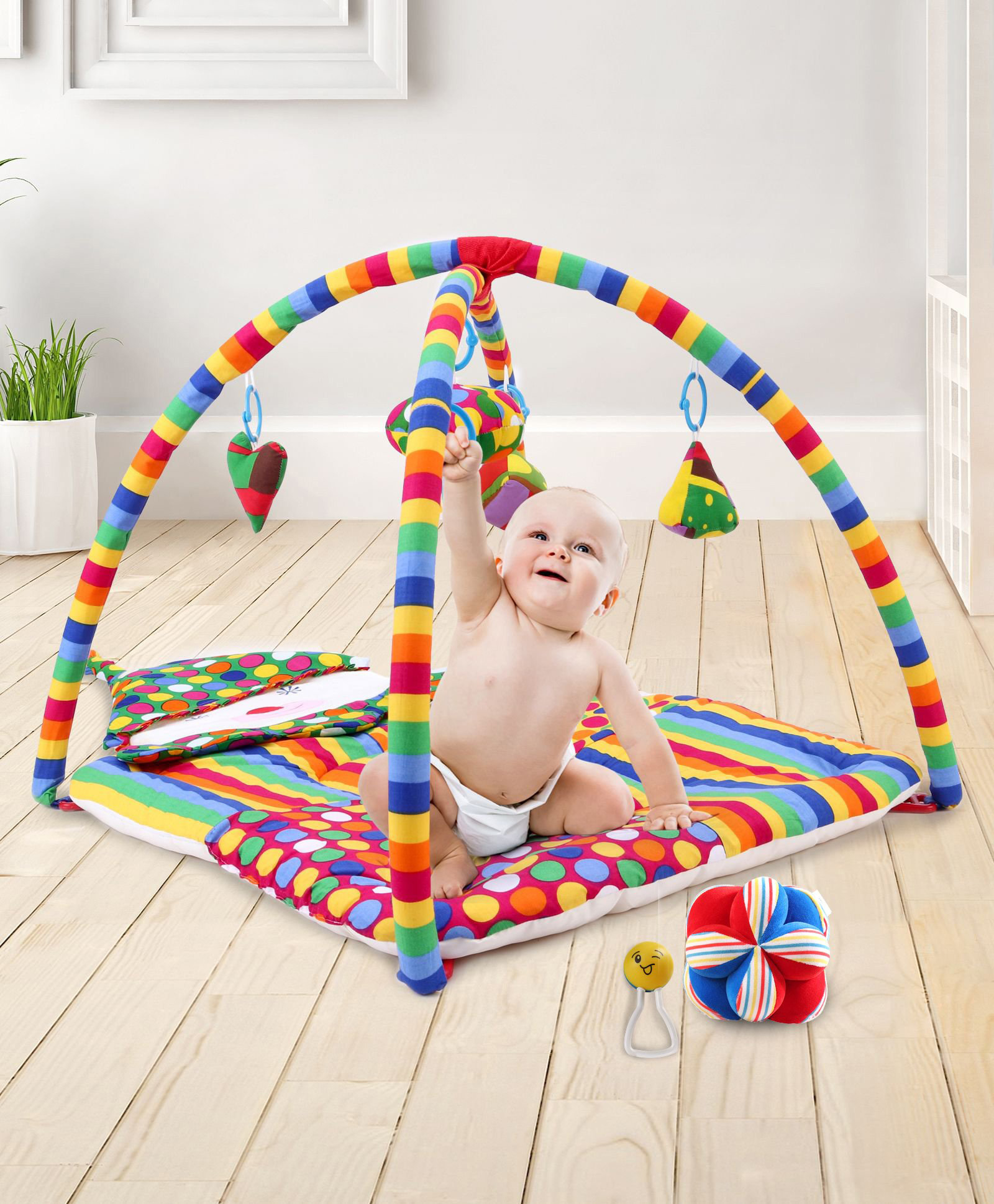 Babyhug Joy Rattle with Classic Clutch Rattle Ball & Smiling Clown Twist N Fold Activity Play Gym image 1