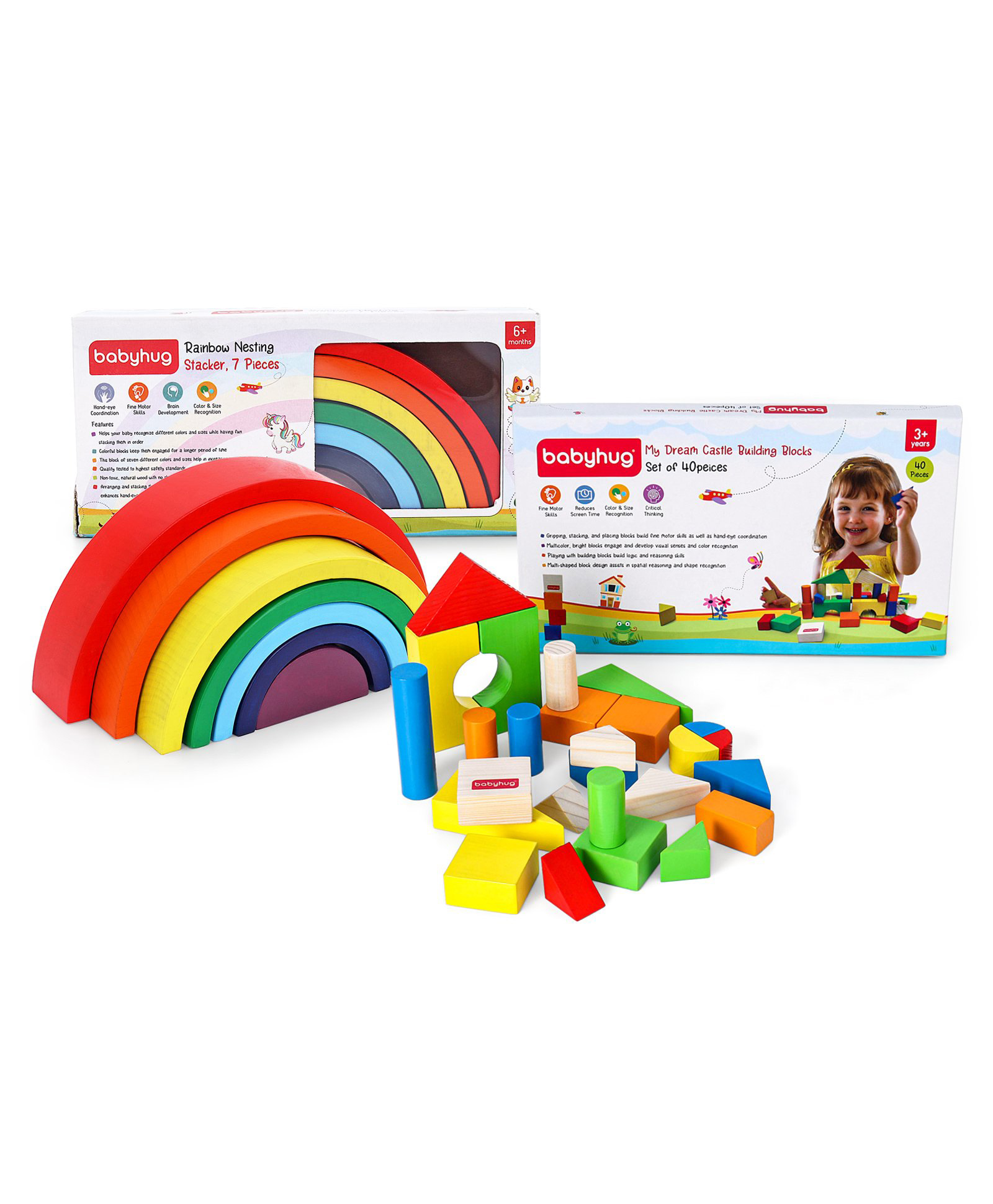 Babyhug Rainbow Nesting Stacker with My Dream Castle Building Blocks Set Of 40 Pieces image 1